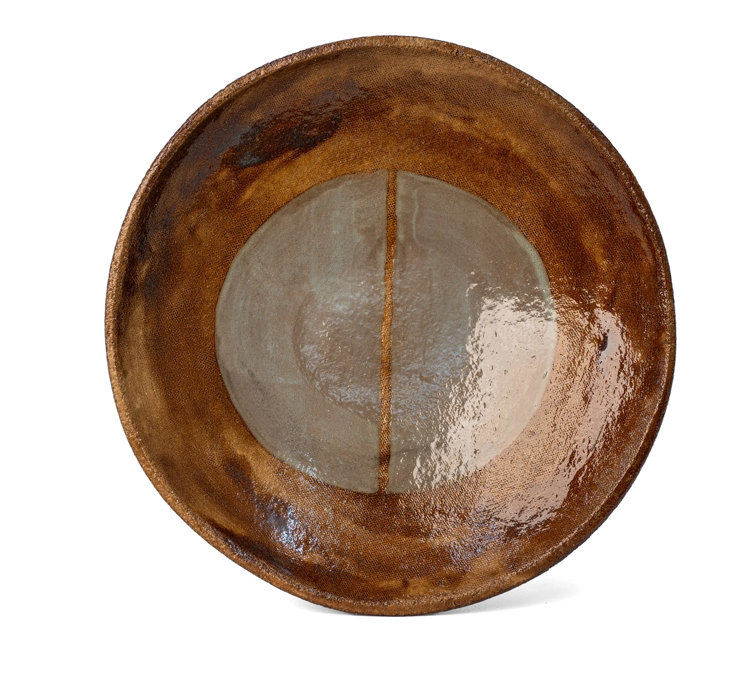 Geometria Bowl, 28 over 20, brown stoneware bowl with a split grey disc, by Jim Schatz