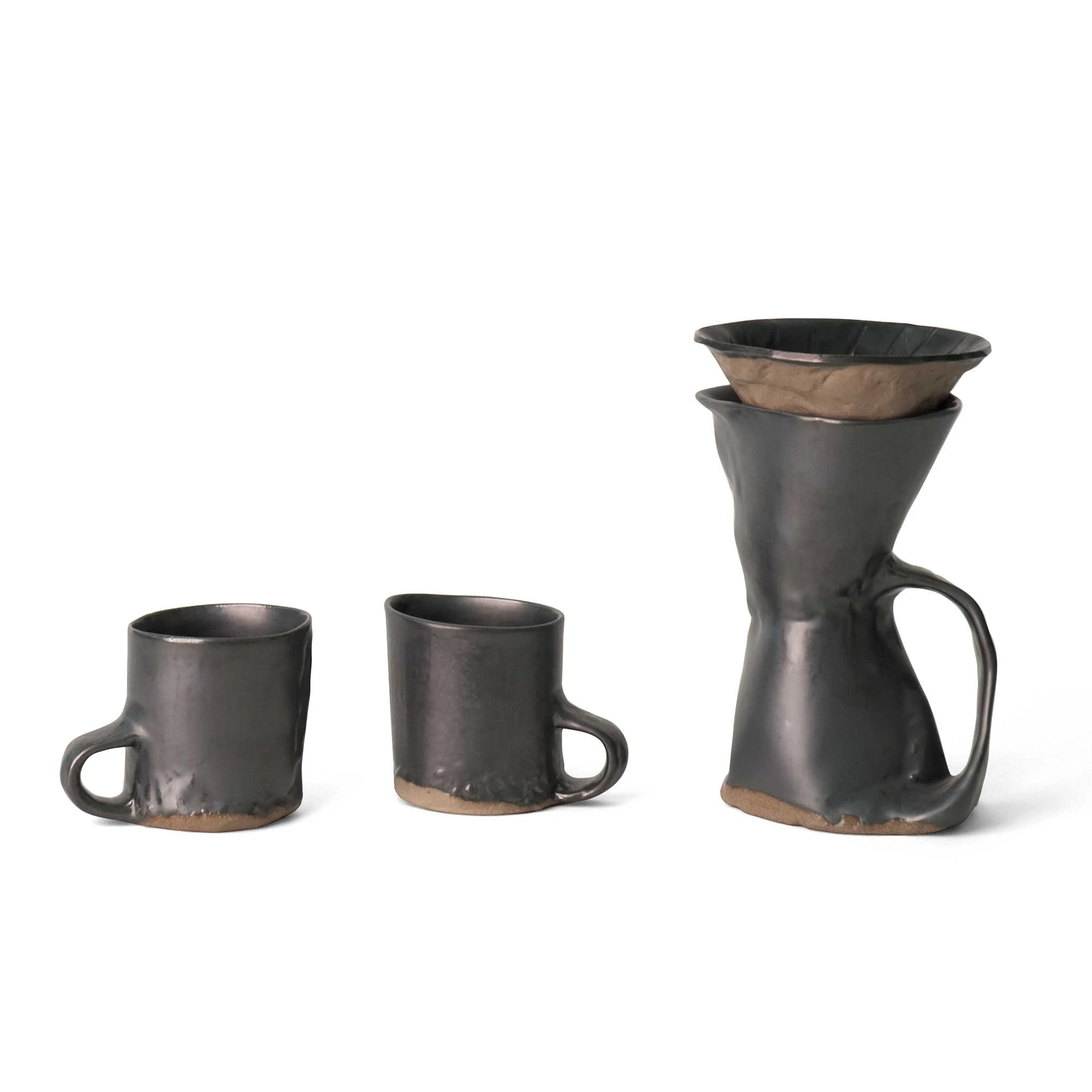 Brutal Coffeemakers and Mugs, ceramic pour-over coffeemaker and mugs by J Schatz Studio