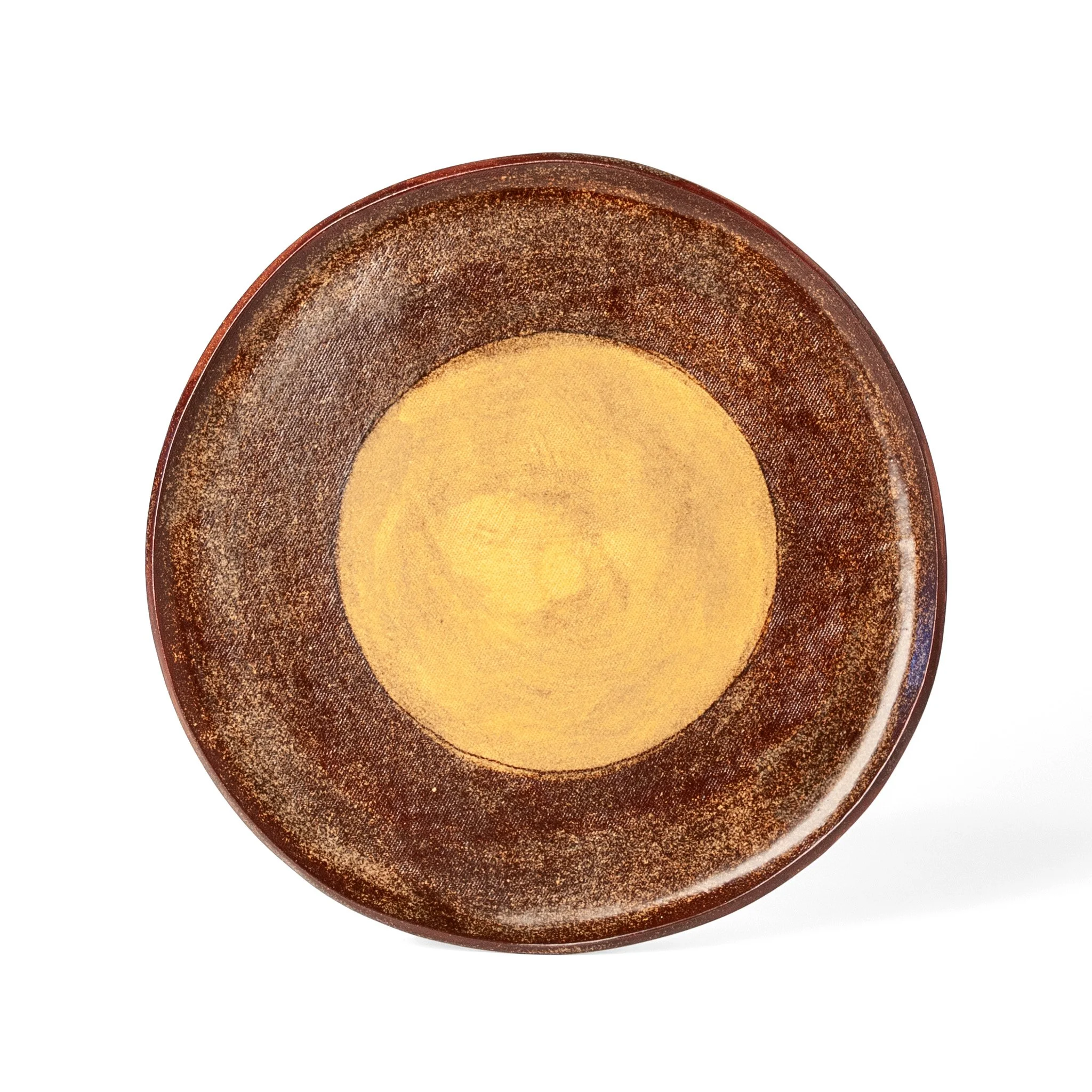 Geometria Platter, 40 over 30, warm rust and umber stoneware platter with central gold disc, by Jim Schatz (Copy)