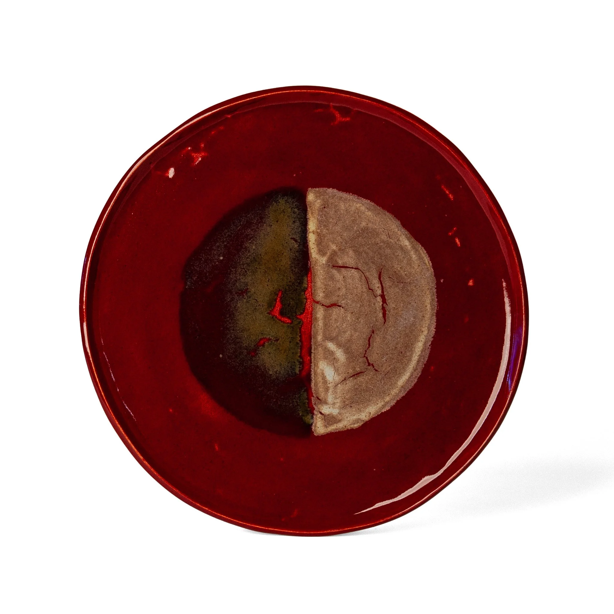 Geometria Platter, 12/43 over 59, deep oxblood stoneware platter with split half-moon in dusty rose and olive-bronze, by Jim Schatz (Copy)