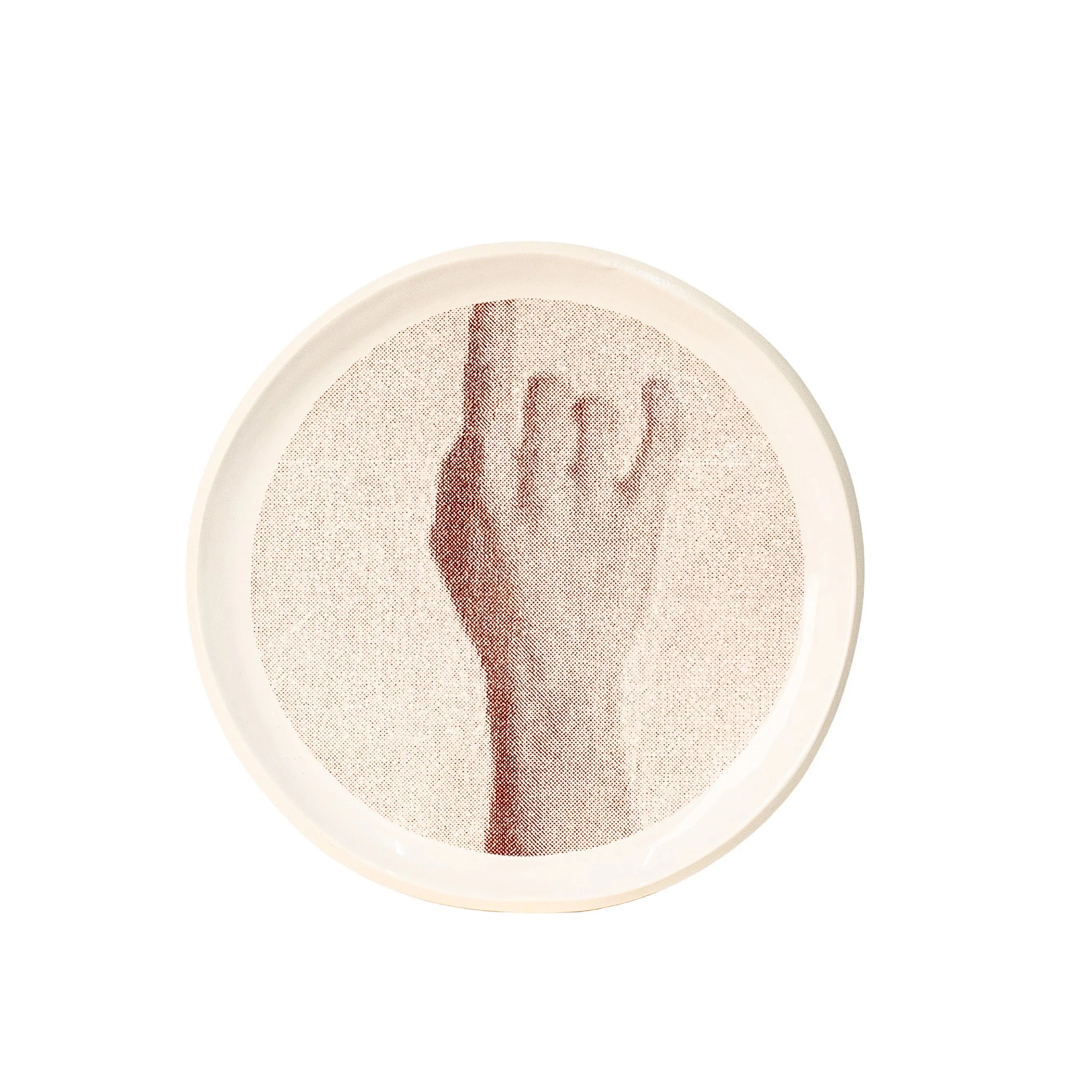 Gestures, plate 2, hand up right, photo mural ceramic plate by Jim Schatz