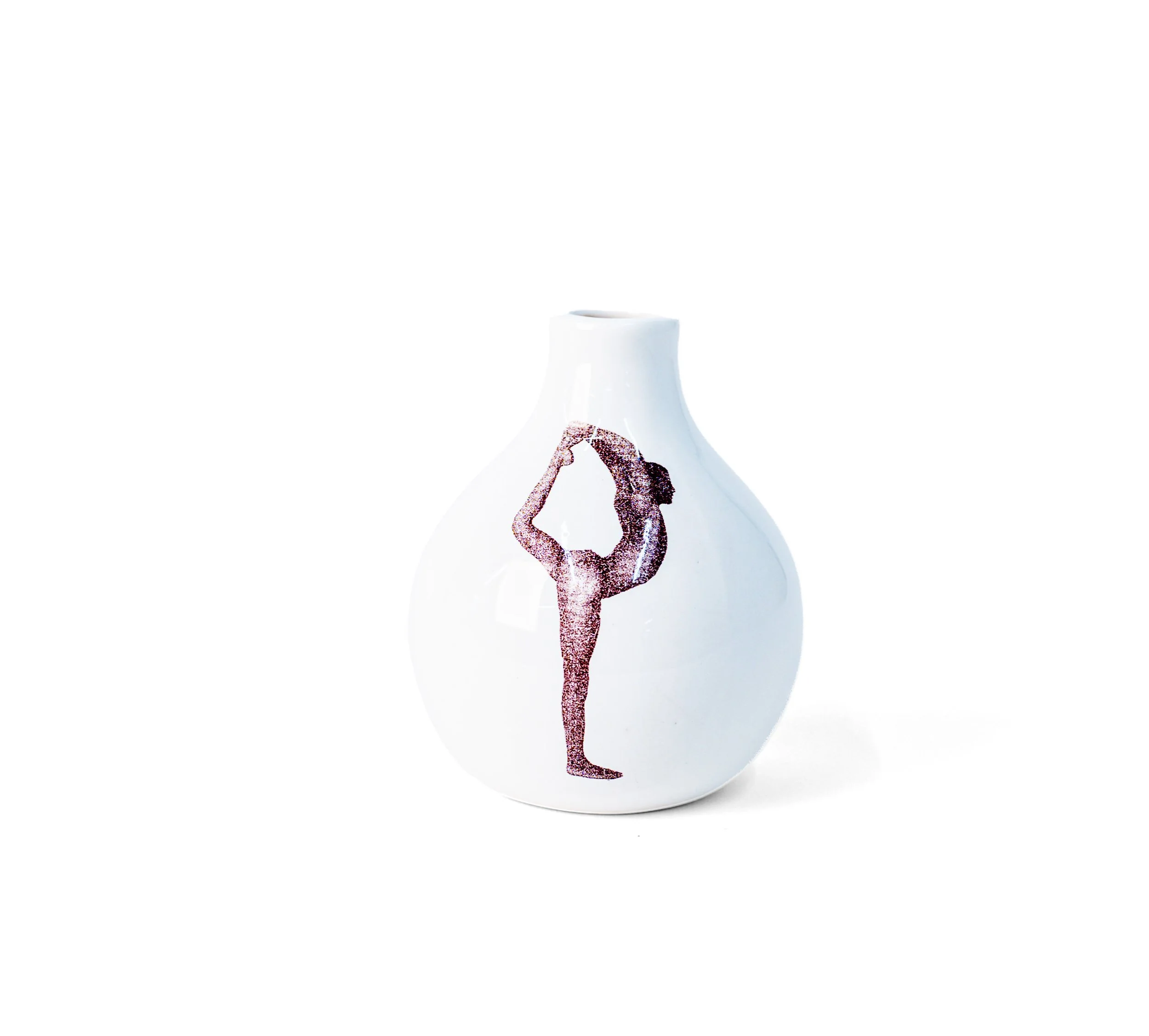 White porcelain bud vase with a standing figure, one leg drawn overhead — Gestures Bud Vase 1 by Jim Schatz.