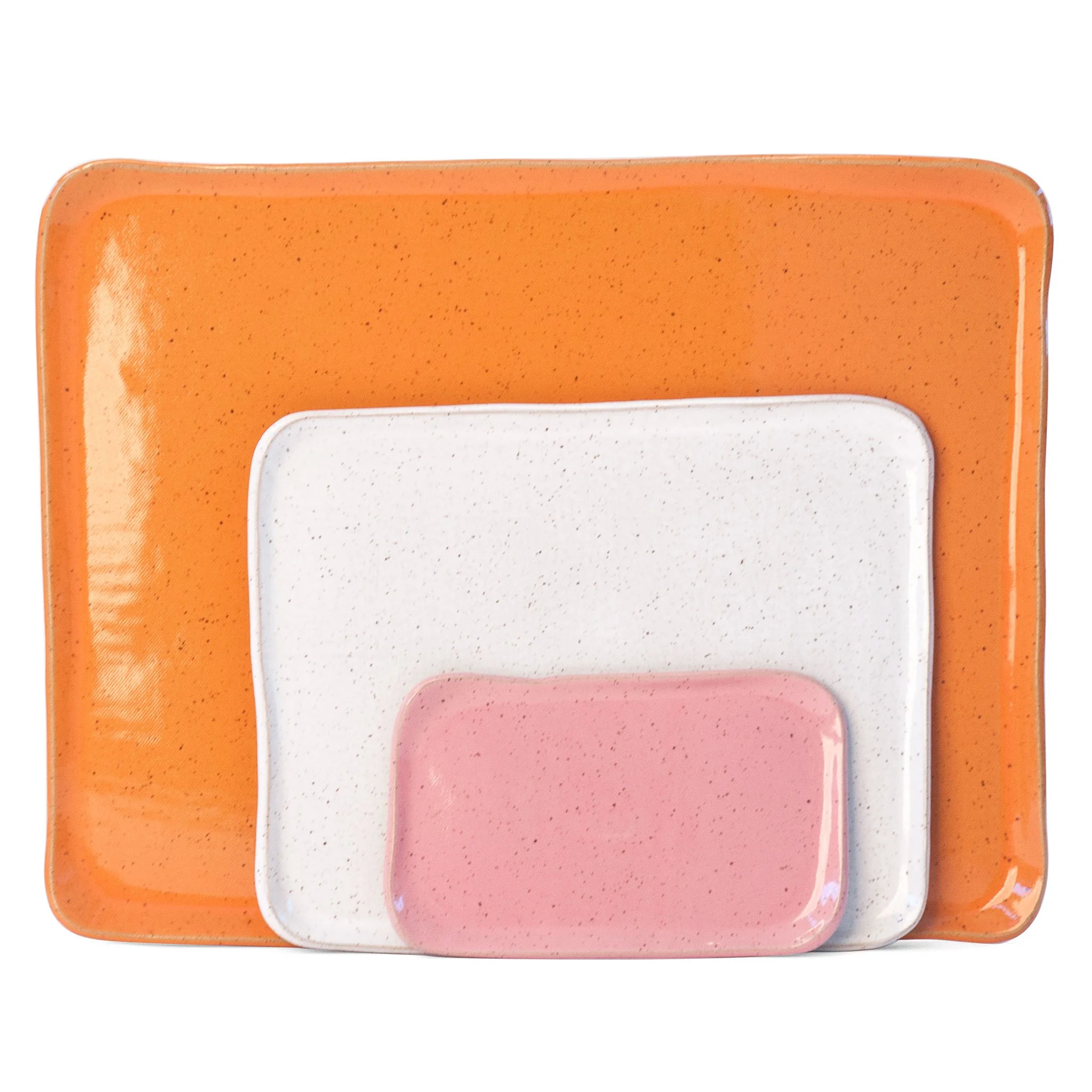 Large Mod Platter Set in Pink, White, and Orange Peel, three slab-built stoneware platters by Jim Schatz
