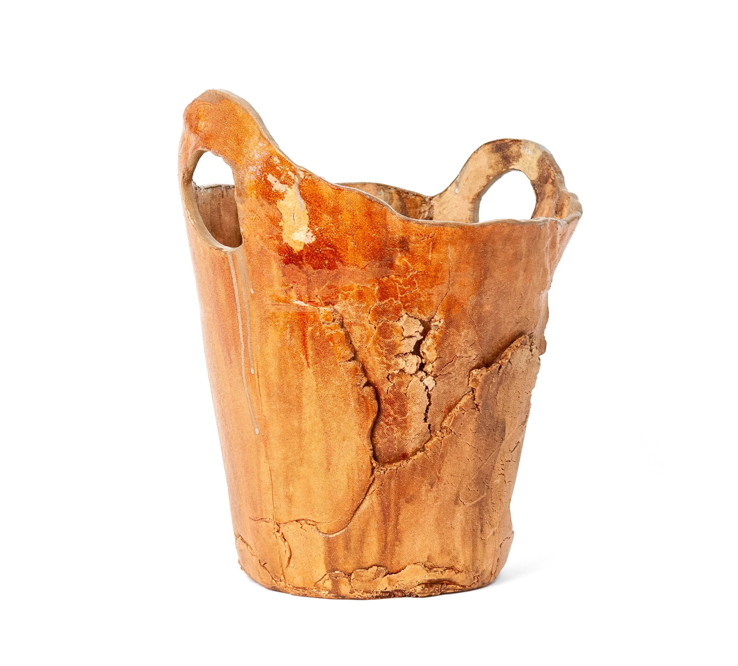 Rustic Container 1 by Jim Schatz — tall hand-built ceramic vessel with looped handles and a glossy orange-rust terracotta glaze, three-quarter view