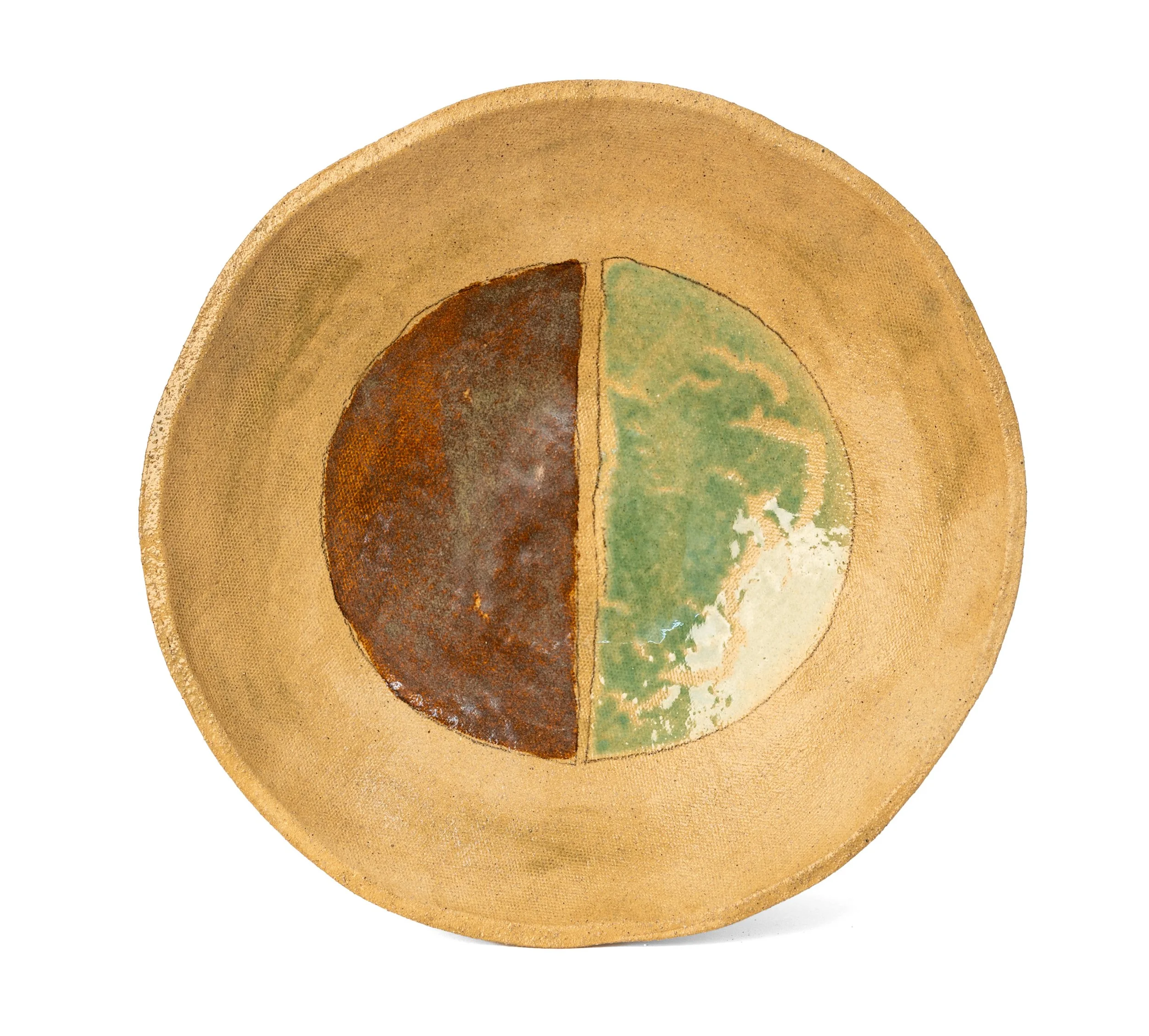 Geometria Bowl, 33/40 over 25, sand-colored stoneware bowl with a split disc in brown and green, by Jim Schatz