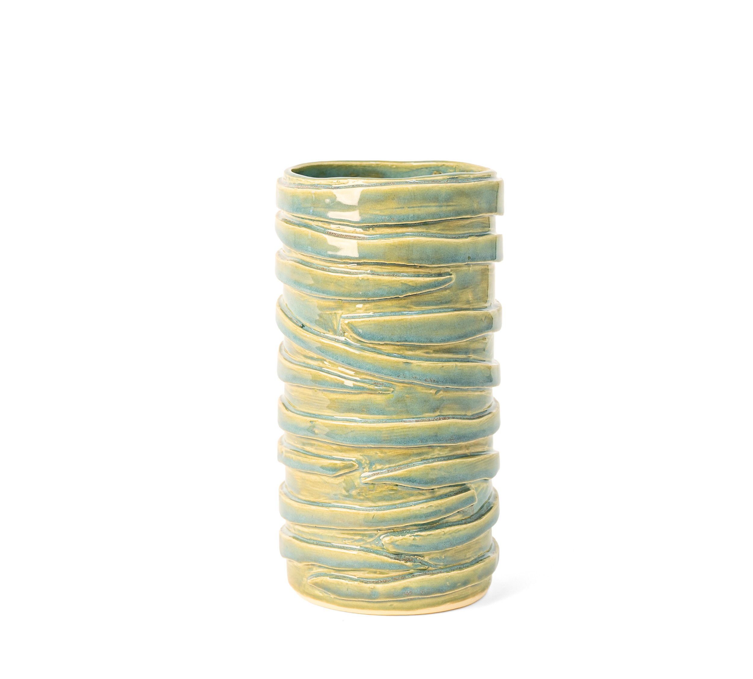 Vessel 3, alternate view showing tapering wrapped clay bands and turquoise glaze pooling in the recesses