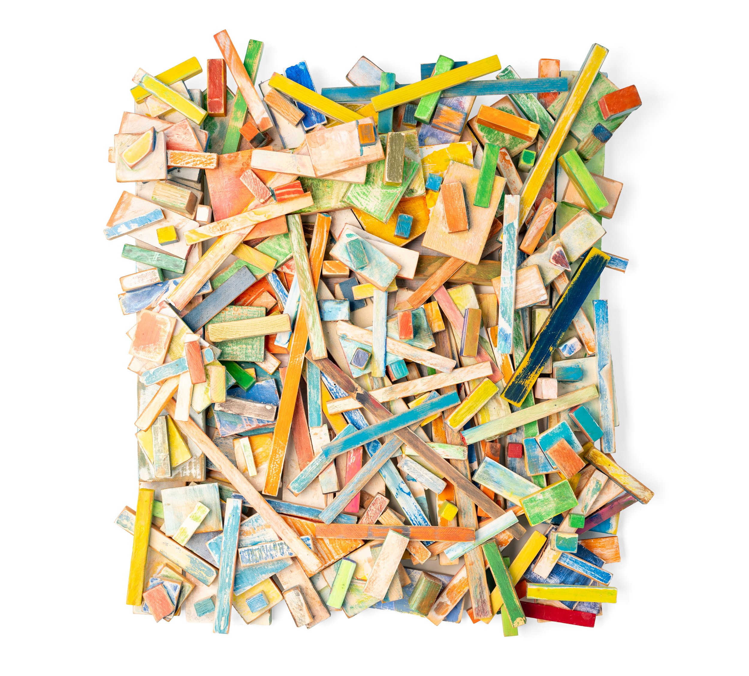 Jumping to Conclusions, 2026, wall work by Peter Souza Jr. made of layered painted wood offcuts in blue, orange, green, and yellow on a square panel