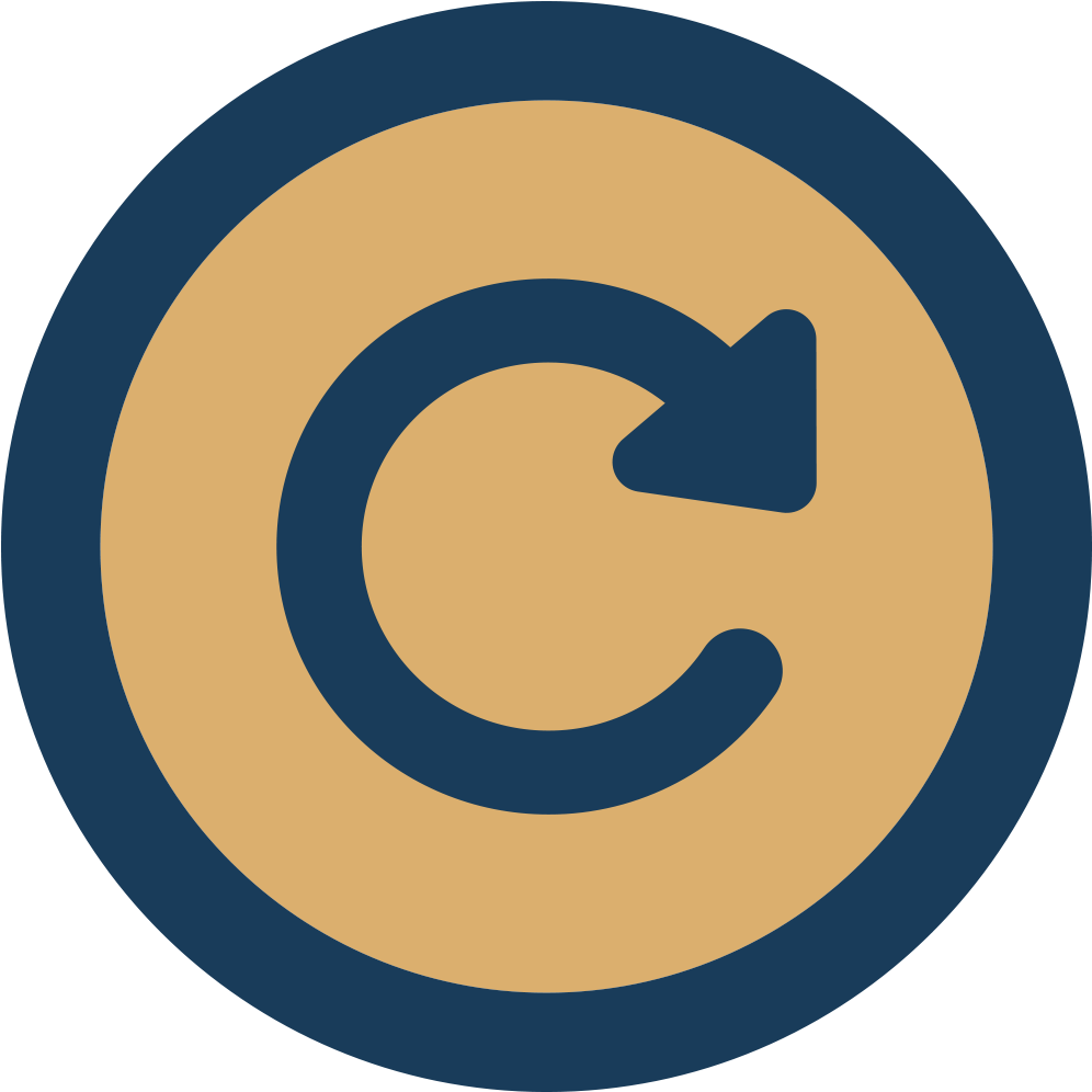 Circular icon with a counterclockwise arrow in the center, beige and dark blue colors.