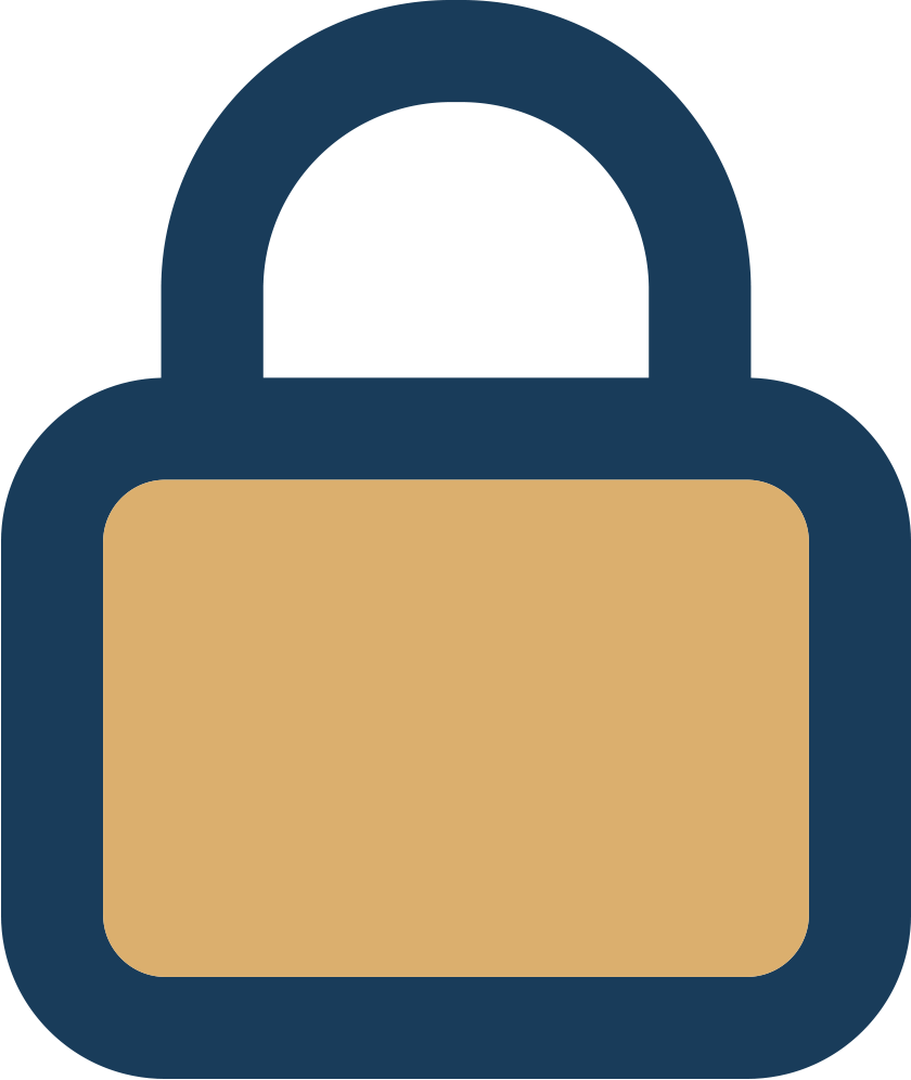 Simple illustration of a padlock with a navy blue body and a gold shackle.