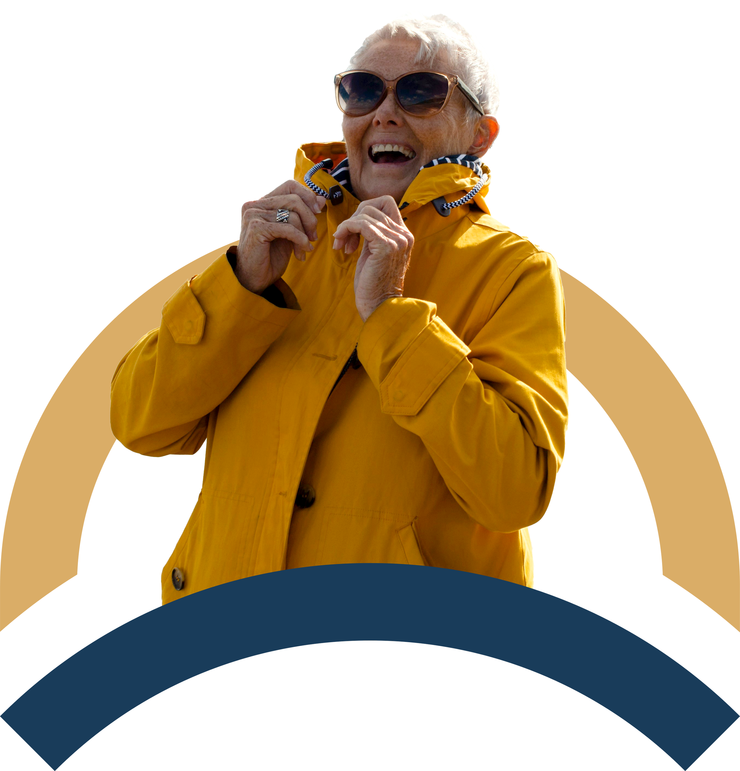 Senior woman wearing sunglasses and a yellow raincoat smiling, standing outdoors.