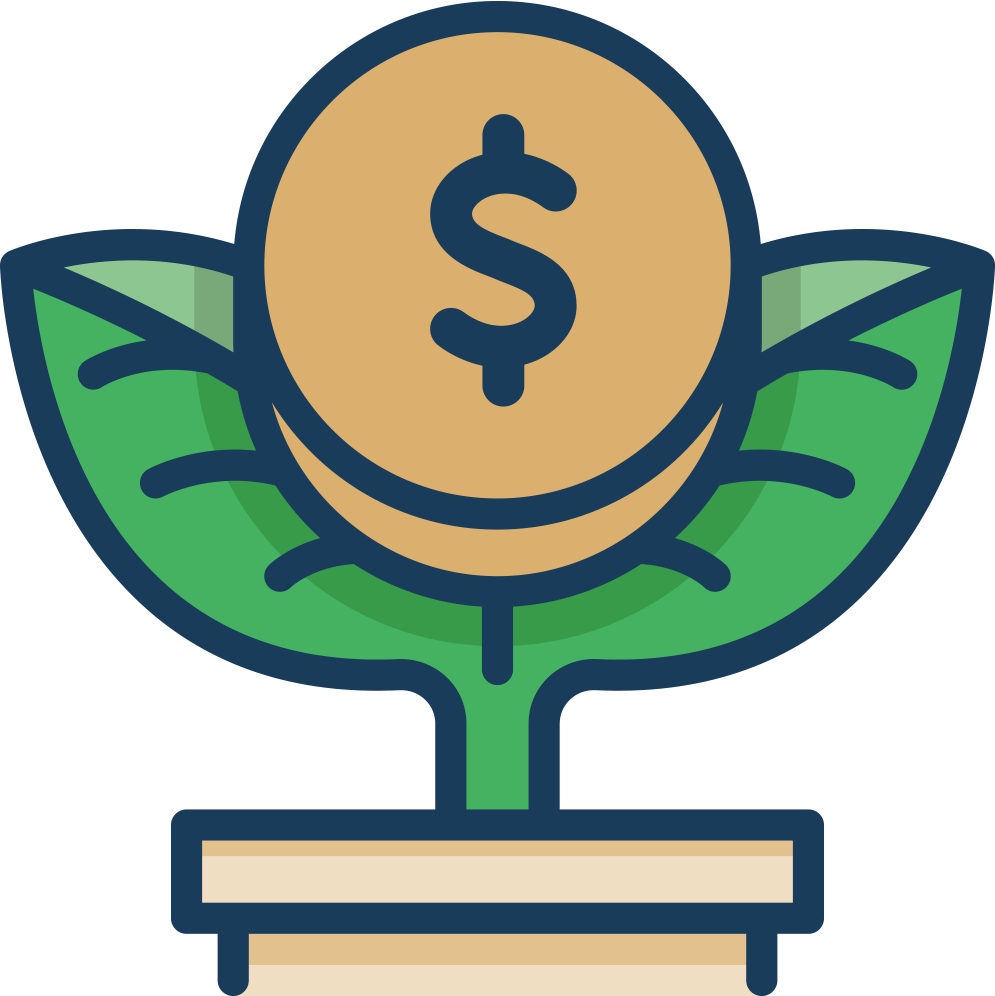 A stylized illustration of a plant with green leaves, a brown seed with a dollar sign on it, and a brown base, symbolizing growth and financial success.