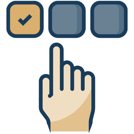 A hand with an extended index finger pressing a checkmark button on a horizontal control panel with three options.