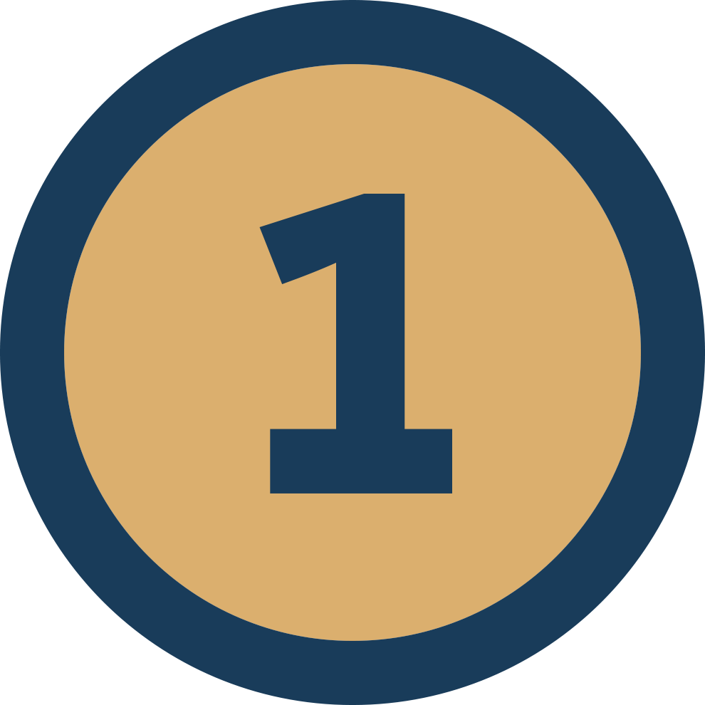A circular award badge with a gold center and navy blue border, displaying the number one.