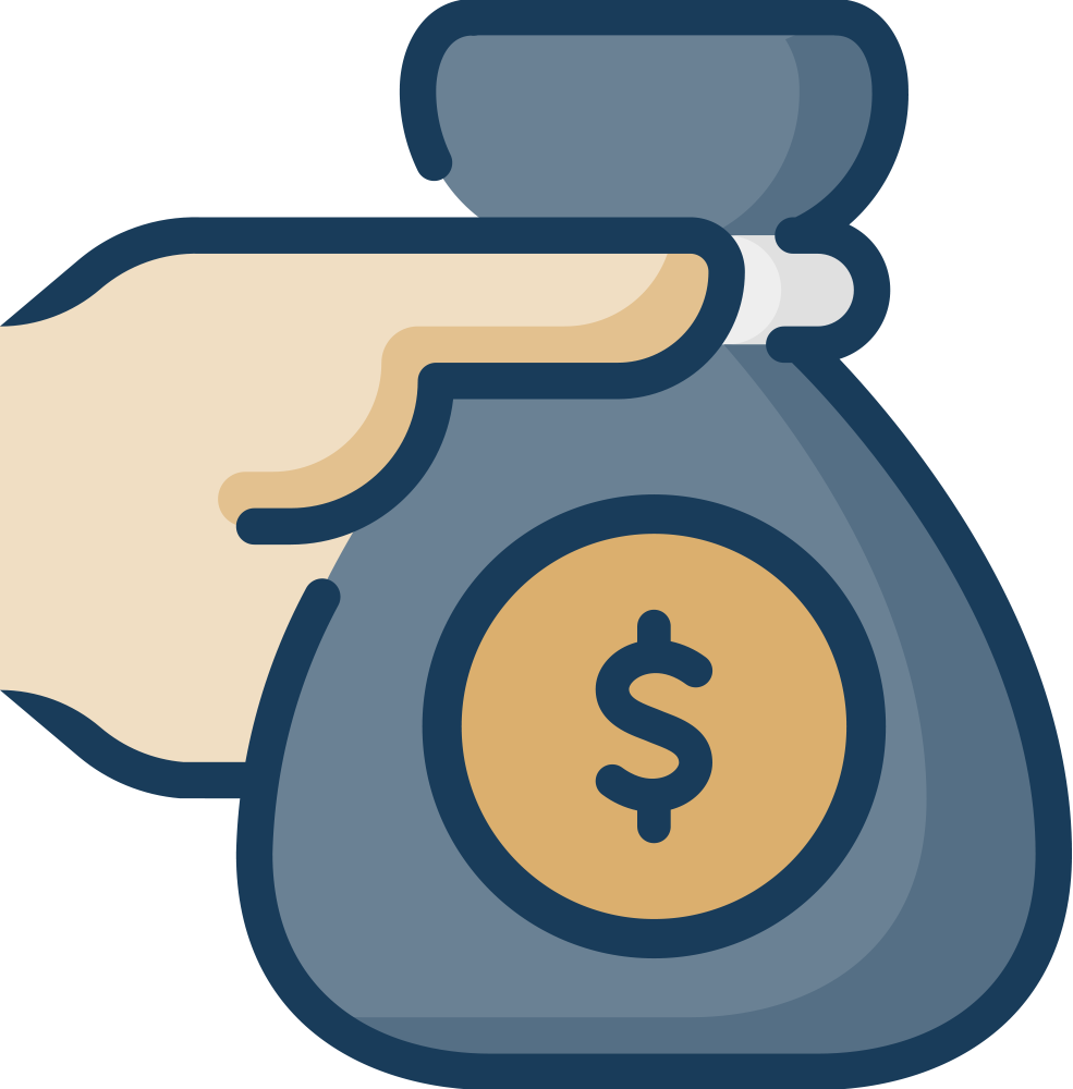 A cartoon illustration of a hand holding a money bag with a dollar sign on it.