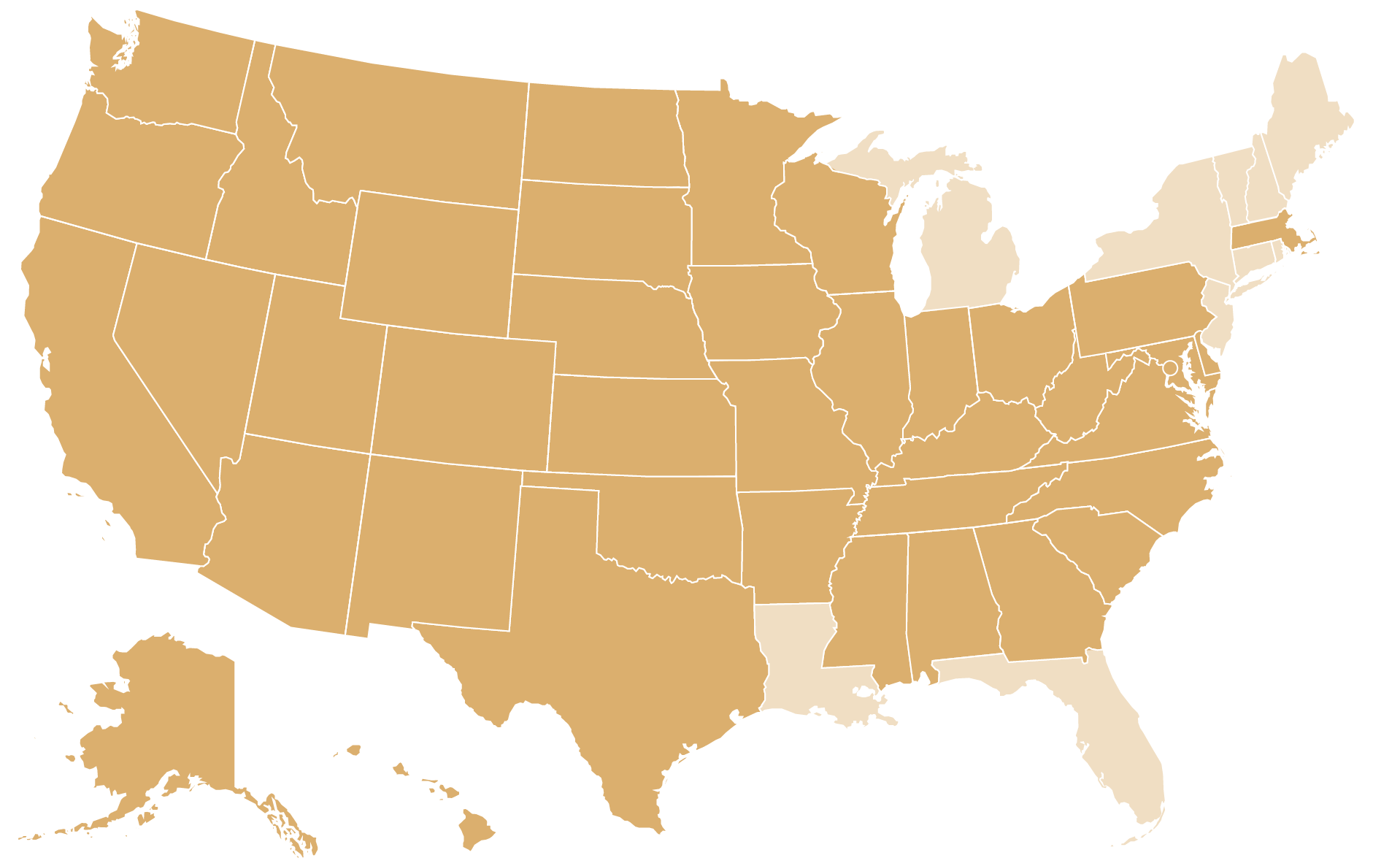 Map of the United States with states shaded in beige and light beige.