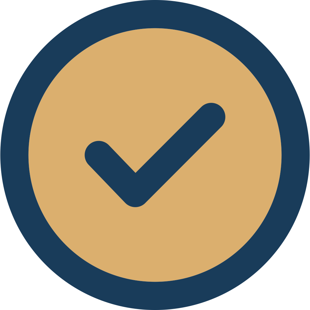 A round badge with a gold background and a dark blue border, featuring a dark blue checkmark in the center.