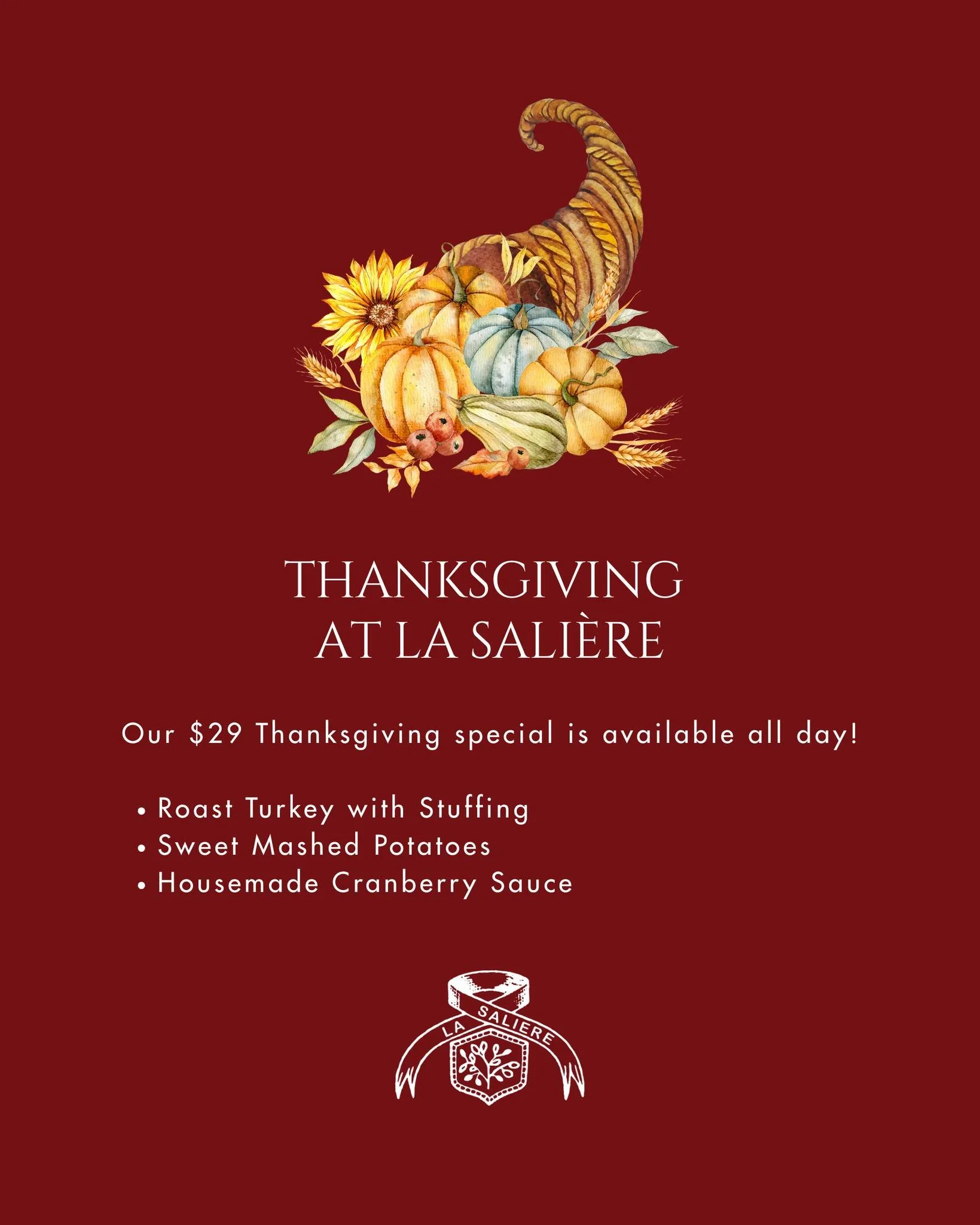 Yes, we&rsquo;re open and our full menu is still available. Join us for your favorites or something festive. 🦃 Book now through the link in bio.