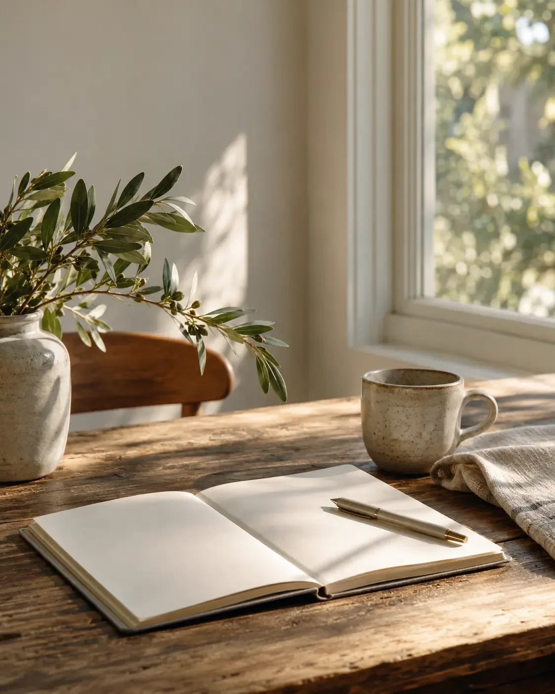 Open notebook, cup and olive branches arranged in warm natural light.