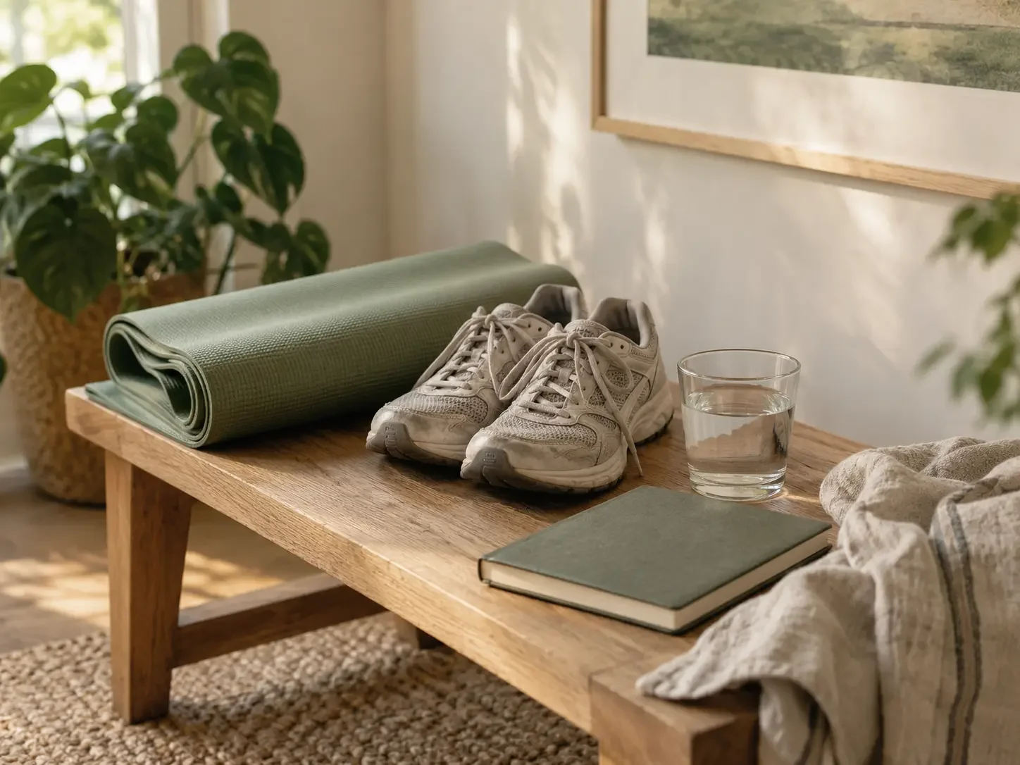 Yoga mat, trainers, water and a notebook arranged in warm natural light.