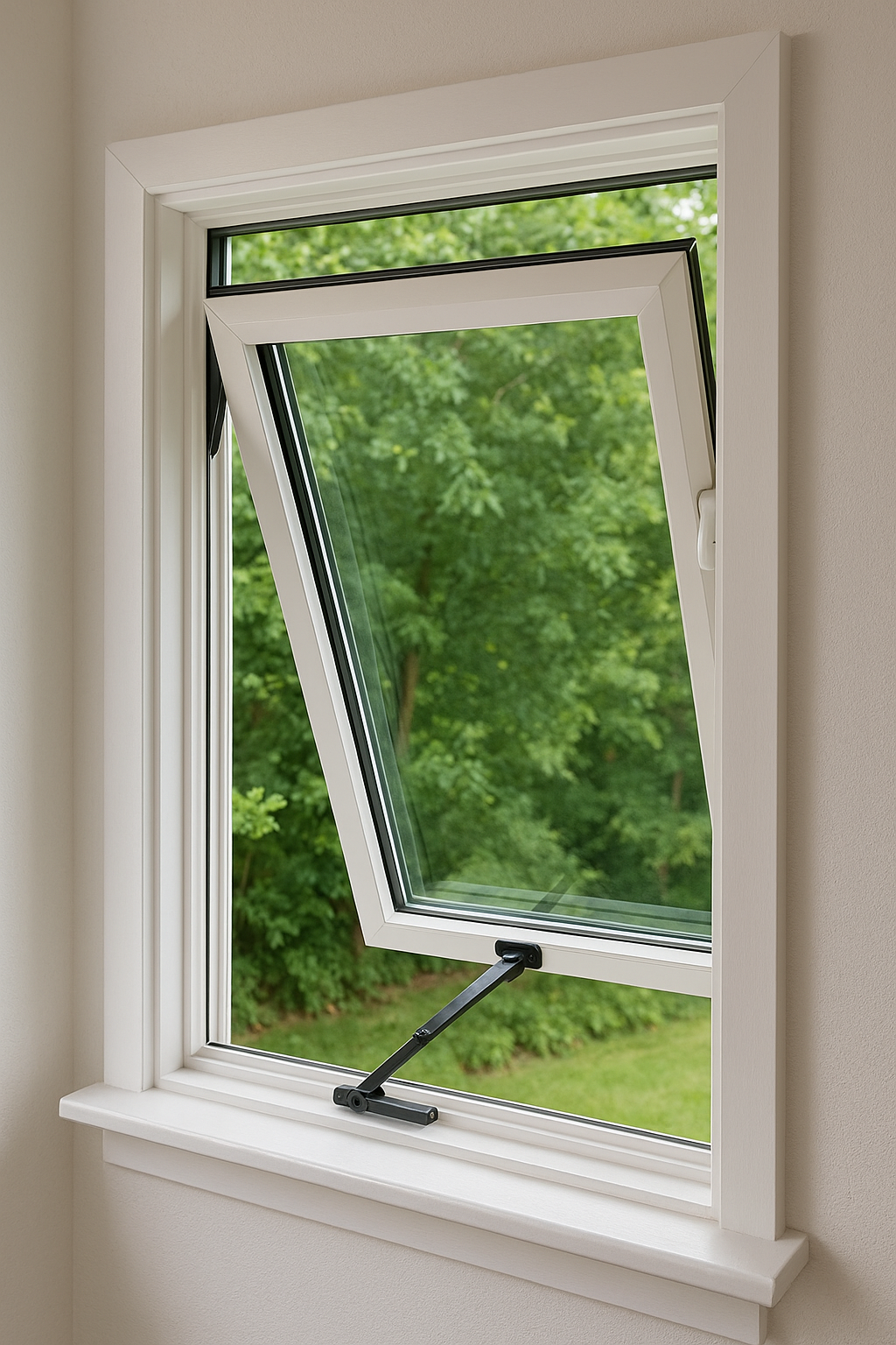 A white window with a tilt-and-turn opening mechanism, partially open, with a green leafy outdoor scene in the background.
