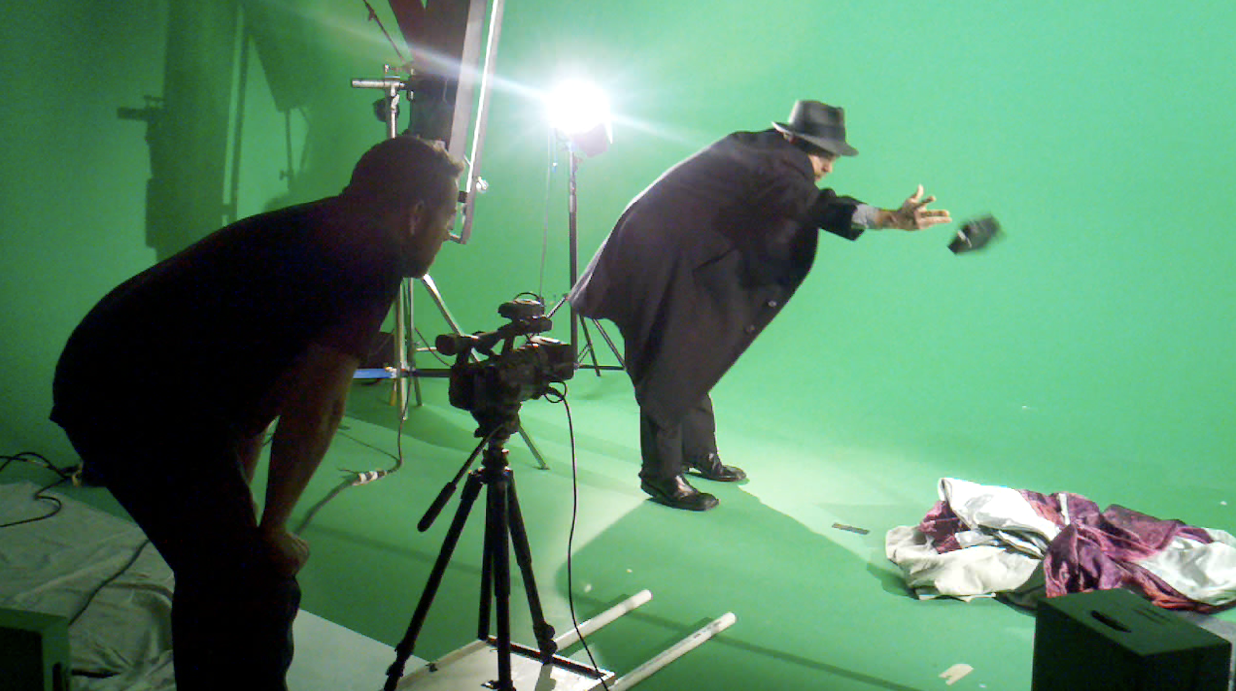 Directing a filming actor, Allen Burns, star of Battery Row in a green screen studio in Burbank California