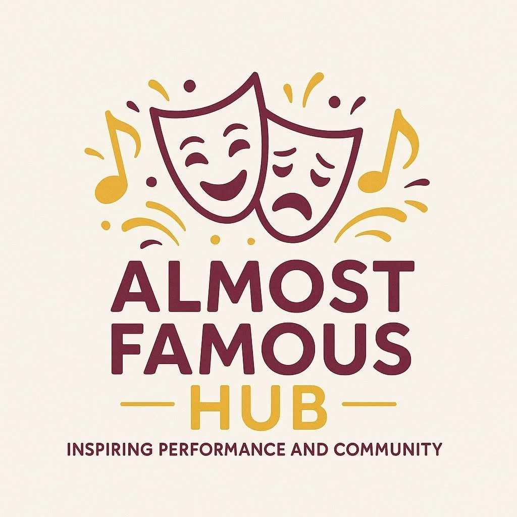 Logo for Almost Famous Hub featuring happy and sad theater masks, musical notes, and the tagline 'Inspiring performance and community'