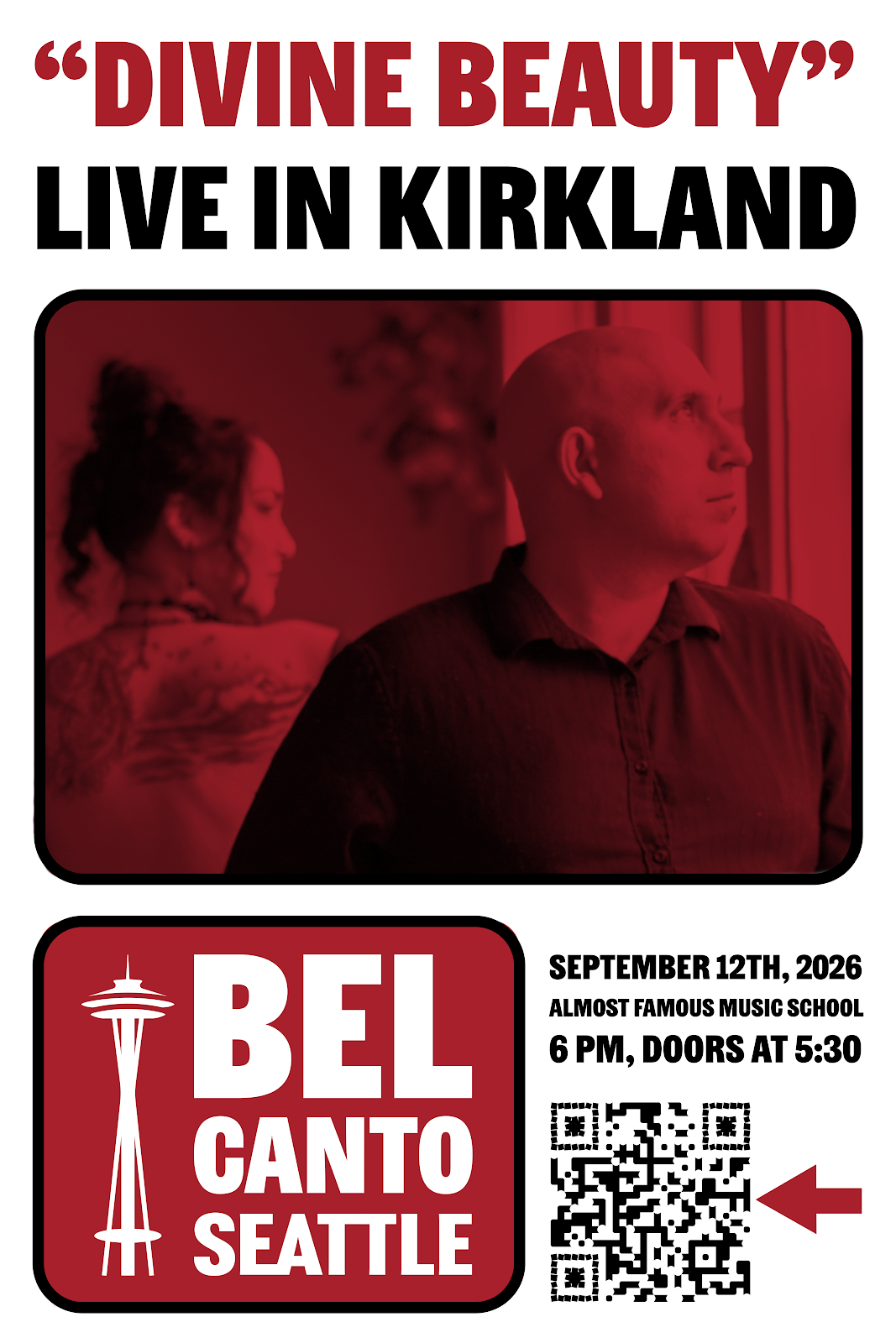 Promotional poster for a live music event titled "Divine Beauty" at Bel Canto Seattle on September 12th, 2026, featuring a photo of a man and woman with the man looking to the side, and a QR code at the bottom.