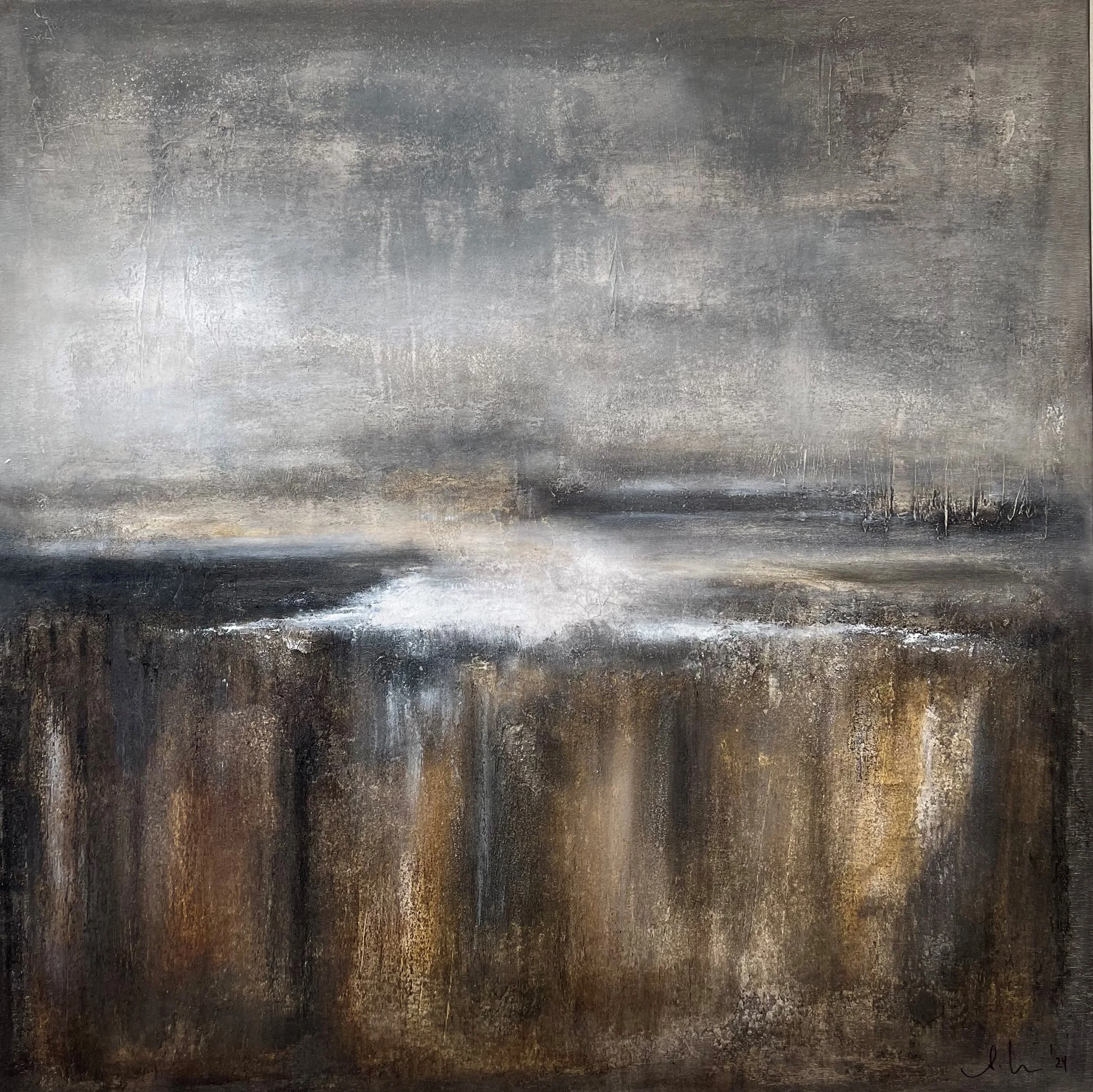 Abstraktes Gemälde mit dunklen, erdlichen Tönen und einem hellen Horizont im Hintergrund.