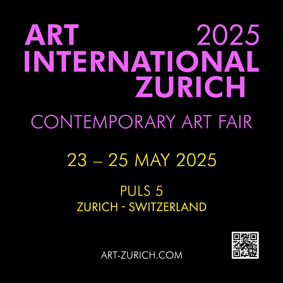Veranstaltungsplakat für die Contemporary Art Fair Zurich 2025 vom 23. bis 25. Mai, mit schwarzem Hintergrund, pinker und gelber Text und einem QR-Code.