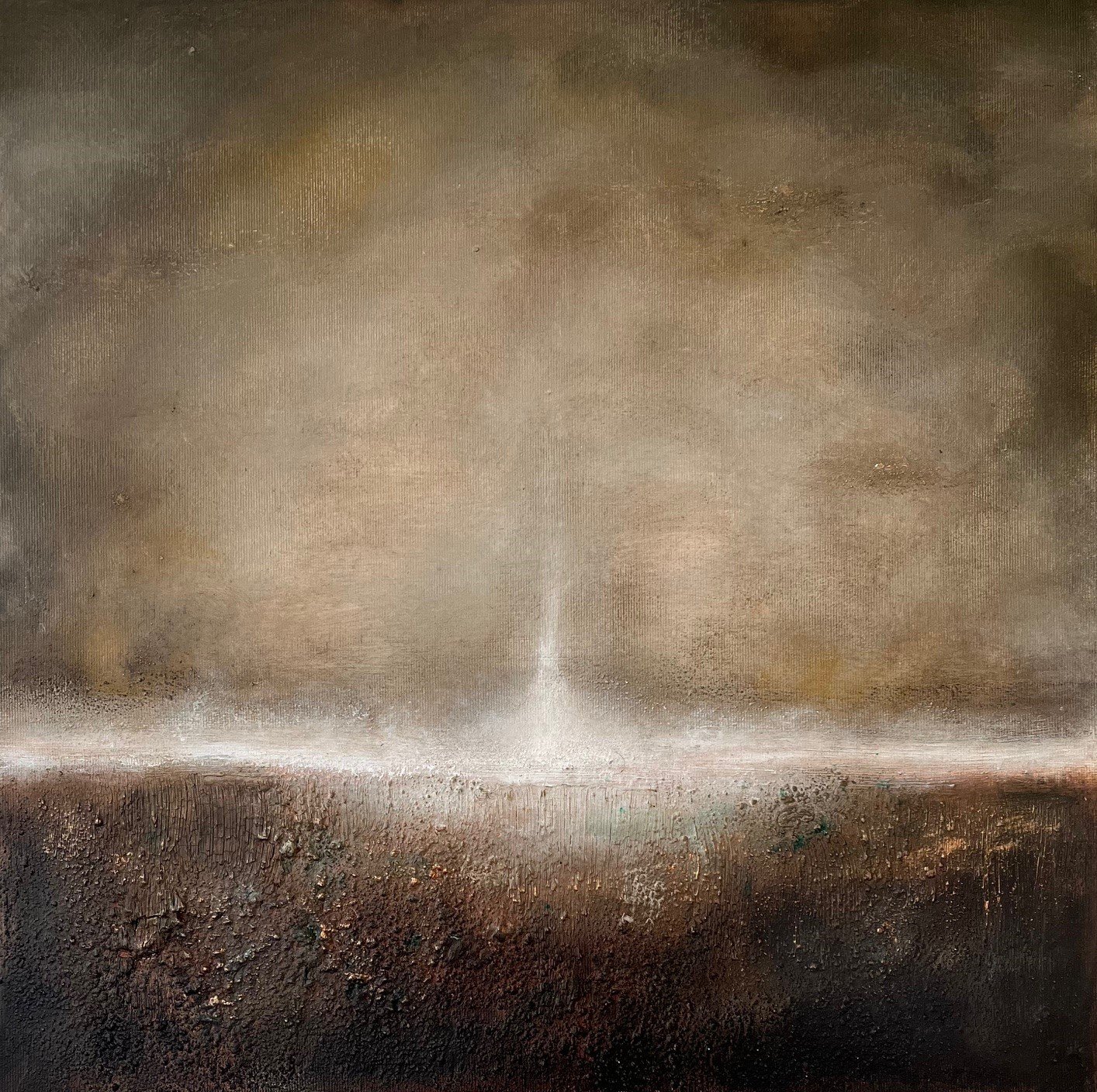 Abstraktes Gemälde mit hellen, schimmernden Farben und Texturen, die eine verträumte Atmosphäre schaffen.