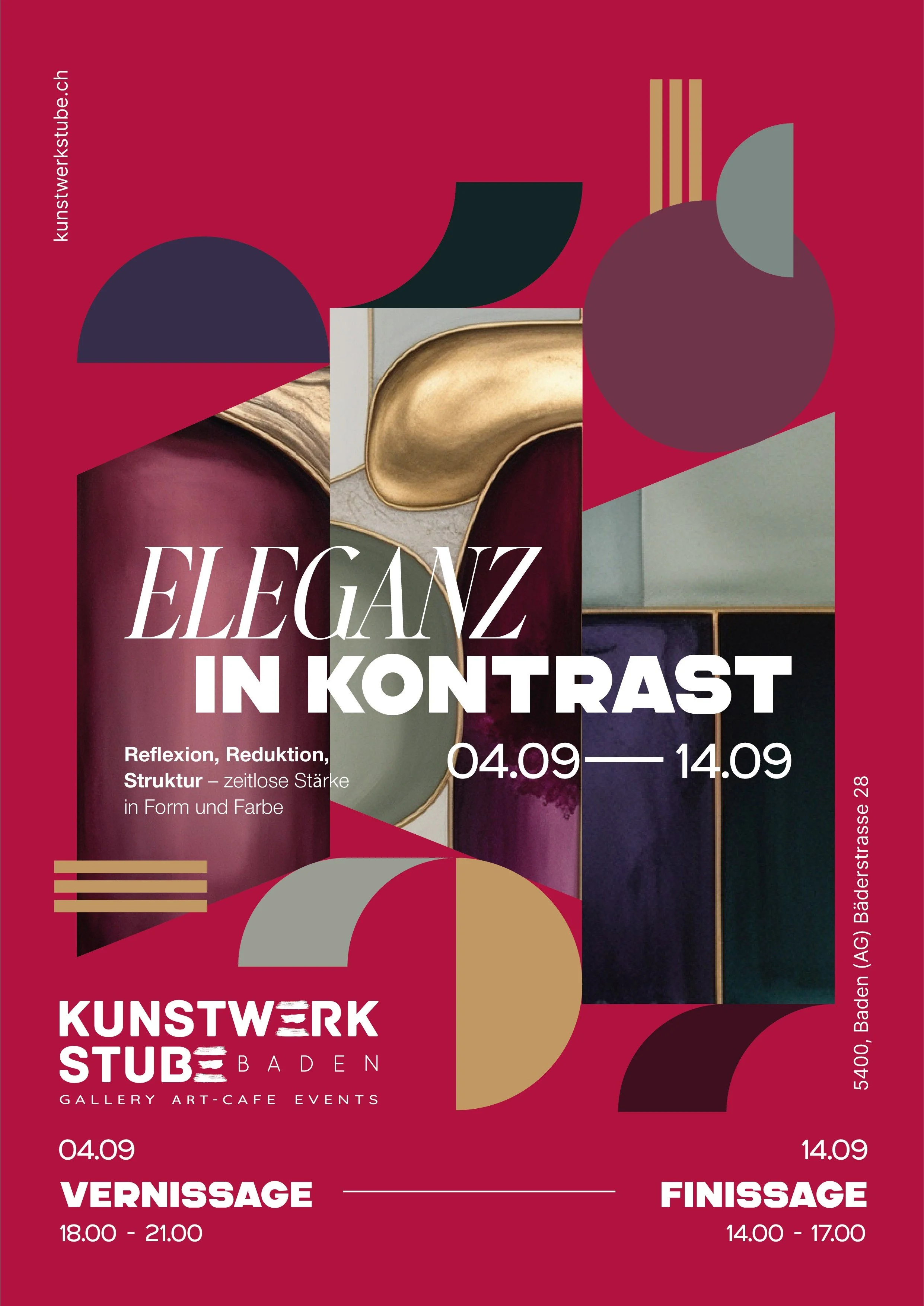 Veranstaltungsplakat für eine Kunstausstellung mit dem Titel "Eleganz in Kontrast" vom 4. bis 14. September im KunstWerk Stube Baden. Das Plakat zeigt abstrakte geometrische Designs und Informationen zu Vernissage und Finissage.