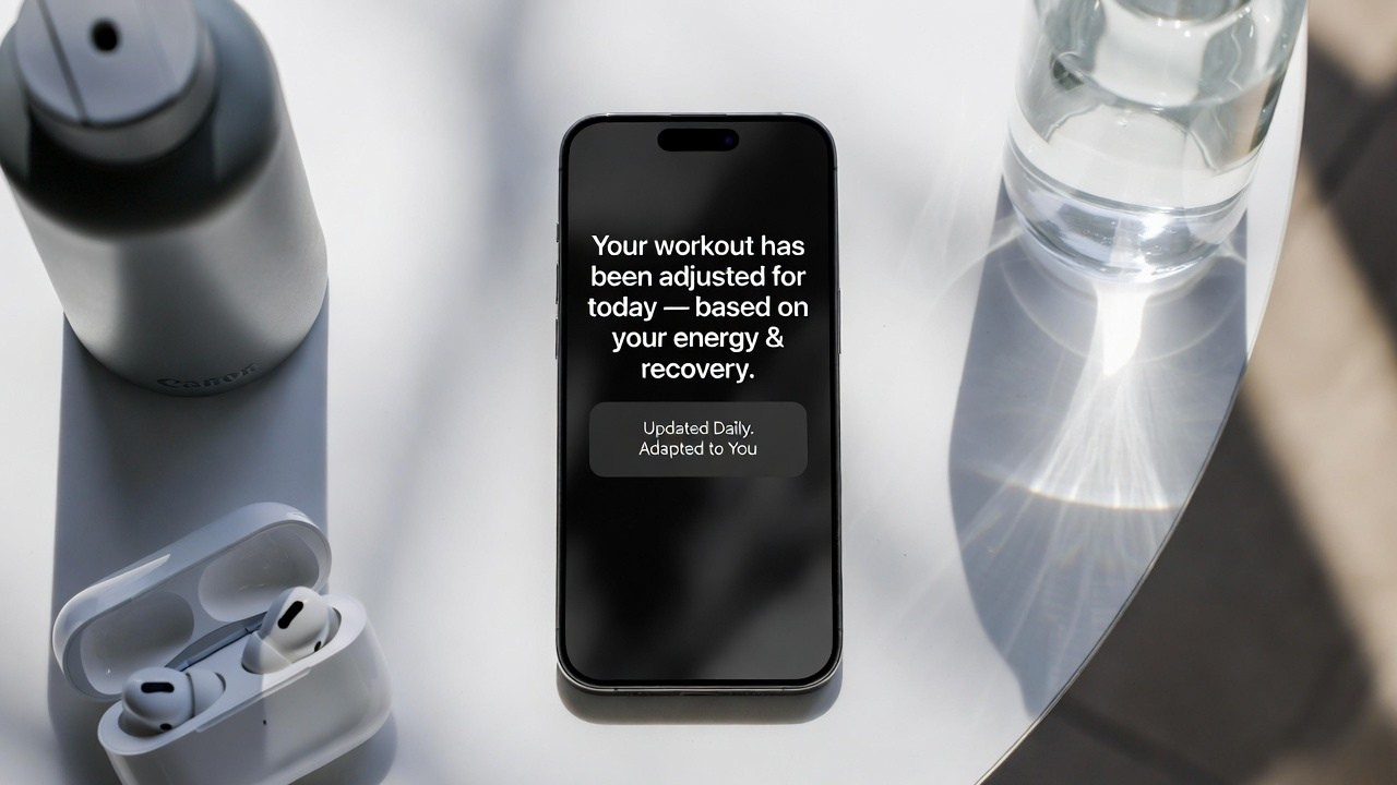 FitXM AI-powered fitness app on smartphone displaying workout completion notification, with wireless earbuds, reusable water bottle, and hydration glass on a sunlit table for healthy lifestyle tracking