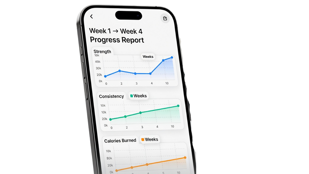 FitXM AI fitness tracker app on smartphone showing Week 1 to Week 4 progress report graphs for strength gains, workout consistency, and calories burned over ten weeks with personalized nutrition insights