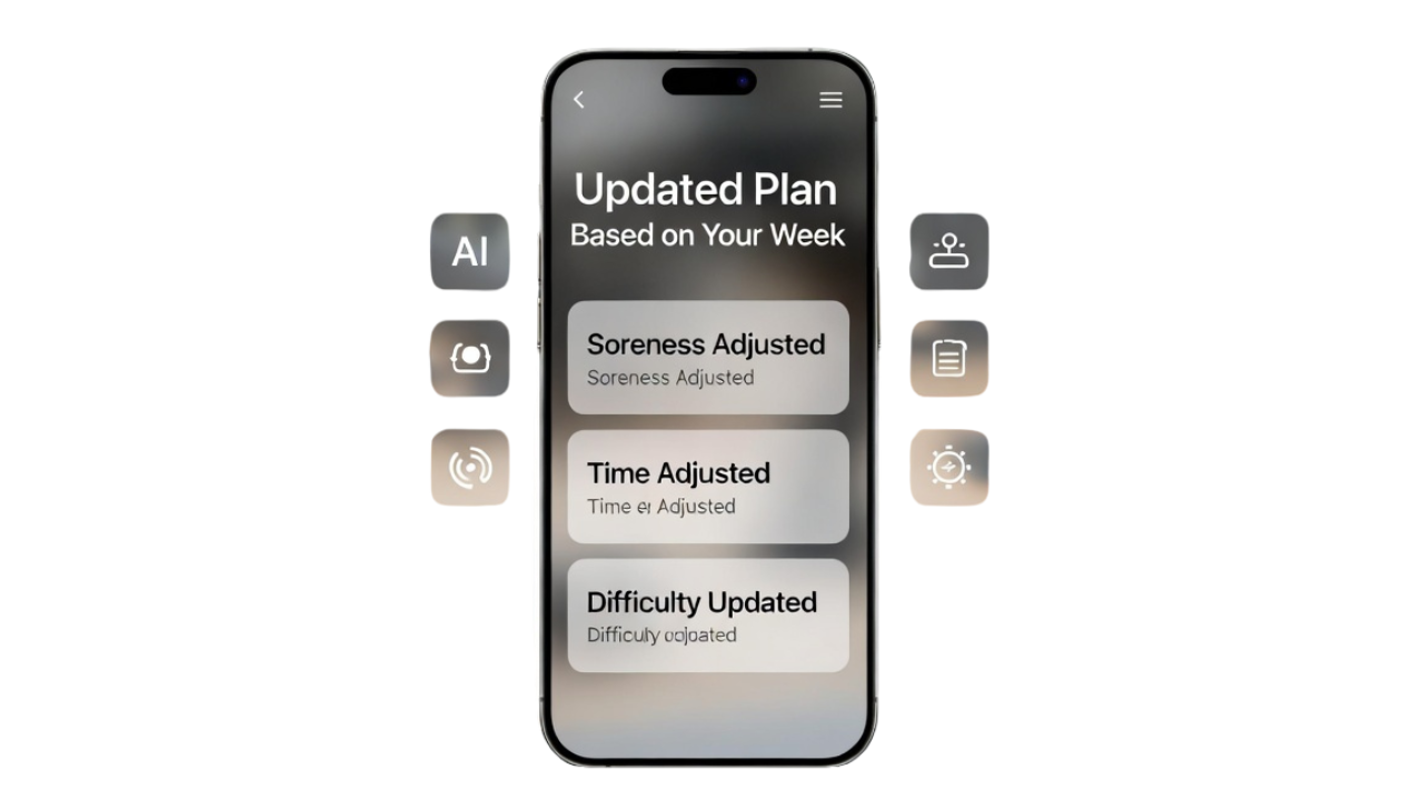 FitXM health and fitness app on smartphone screen with AI-adjusted weekly plan updates based on user feedback for soreness, available time, and difficulty to optimize personalized workouts and nutrition tracking