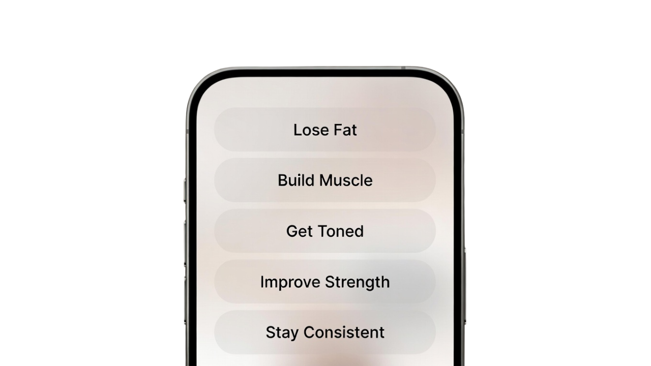 FitXM mobile app interface on smartphone screen allowing users to select personalized AI-generated fitness goals: lose fat, build muscle, get toned, improve strength, and stay consistent with custom workout and nutrition plans
