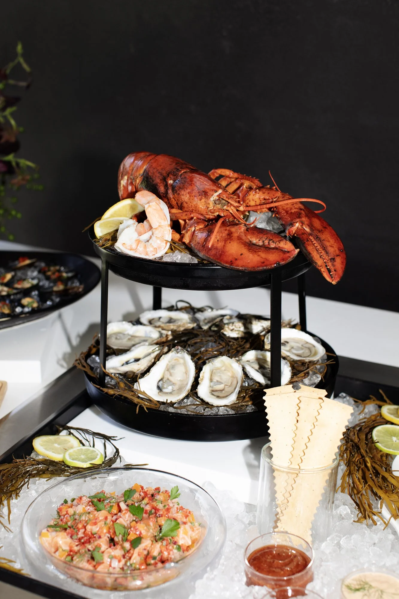 Wedding seafood station with whole lobster, oysters on the half shell, shrimp, and ceviche — Food Gallery Catering food stations Minneapolis