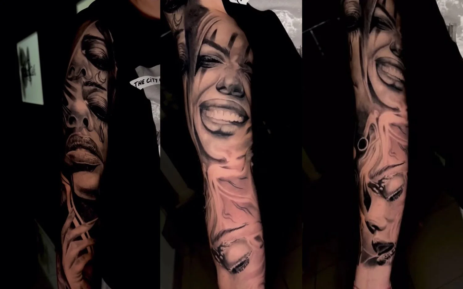 Tattoo of a woman’s face with an open-mouthed, laughing expression covering the arm, shown from three angles.