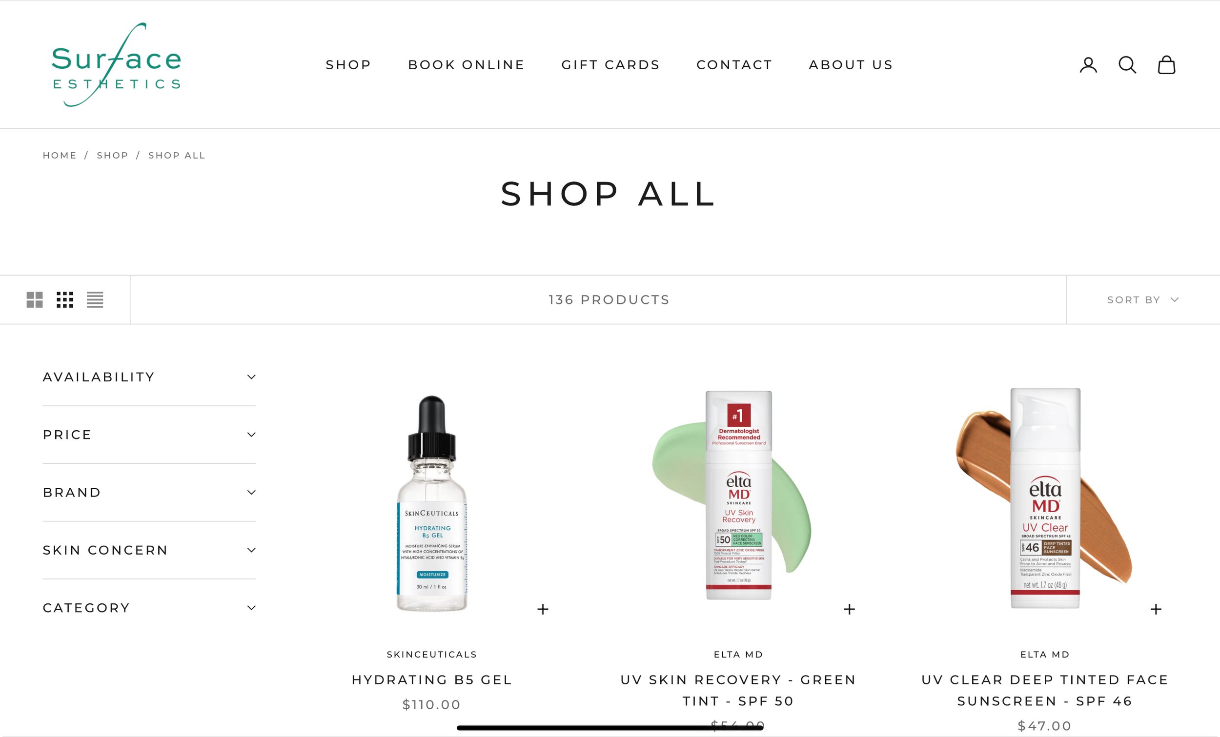 Screenshot of the shop page of a website with products and filters.