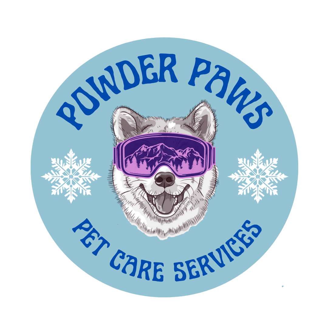 Logo for Pounder Paws Pet Care Services featuring a smiling husky dog wearing purple goggles with mountain reflections, surrounded by two snowflakes, on a light blue background.