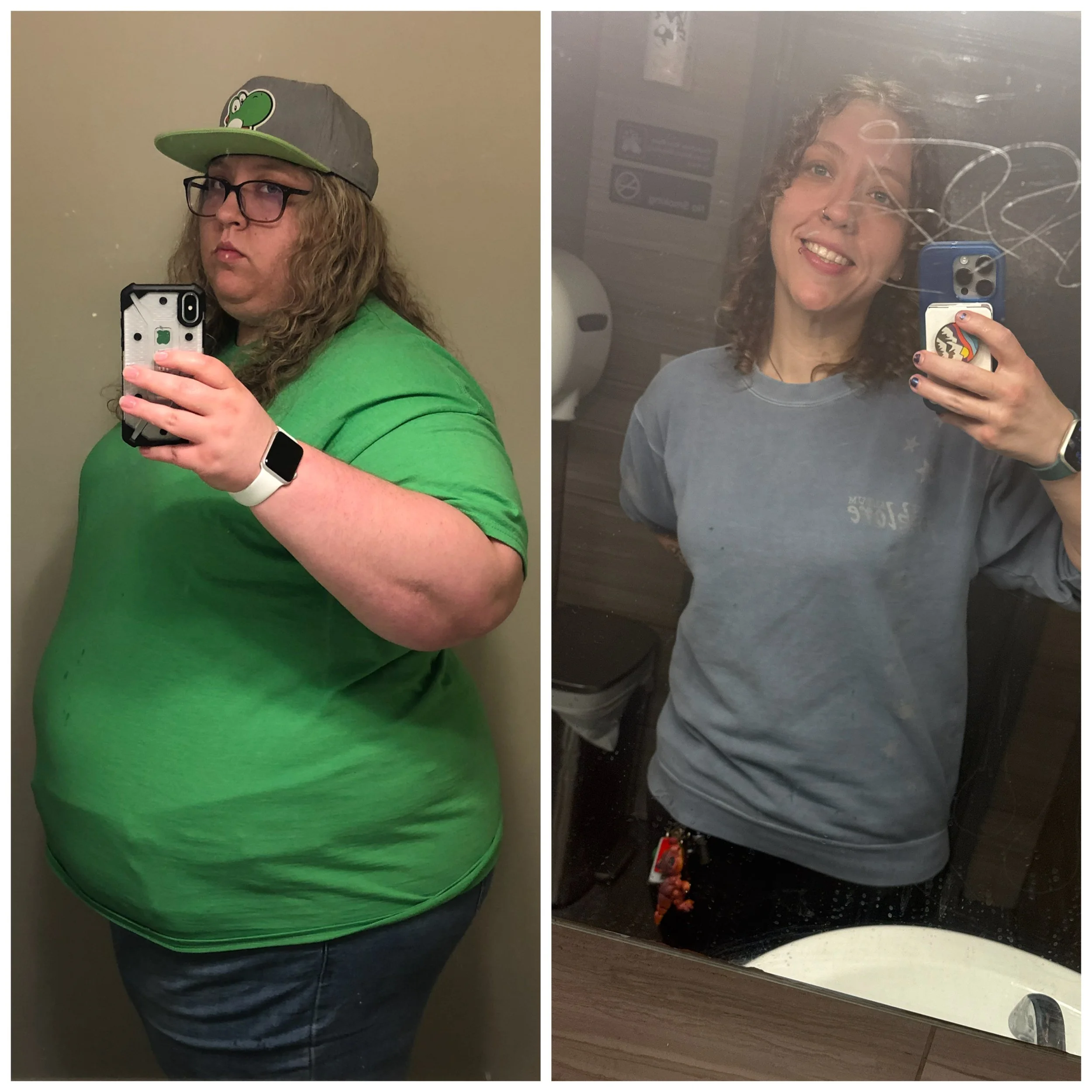 Before and after photos of a woman taking mirror selfies in a bathroom, showing physical transformation from heavier to lighter weight.