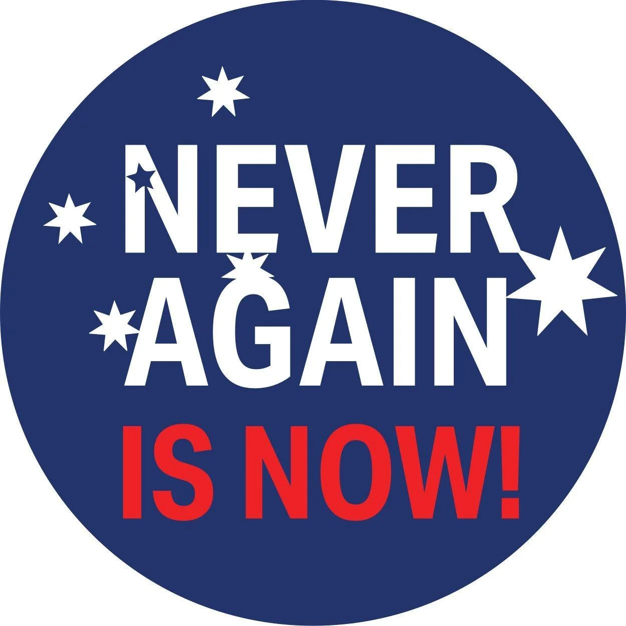 Circle badge with white text on a dark blue background that reads "NEVER AGAIN IS NOW!" surrounded by white stars.