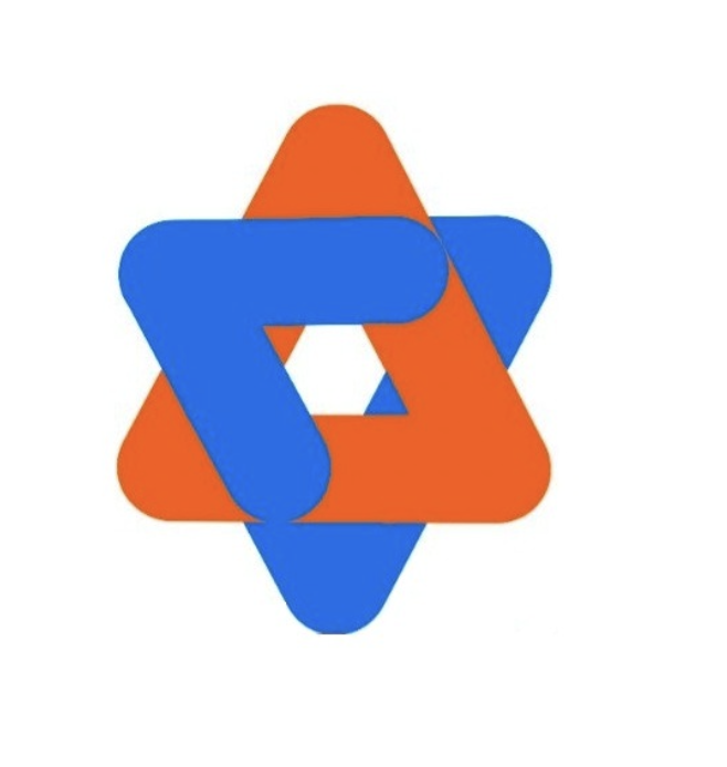 An abstract logo with interlocking blue and orange shapes creating a star-like design.