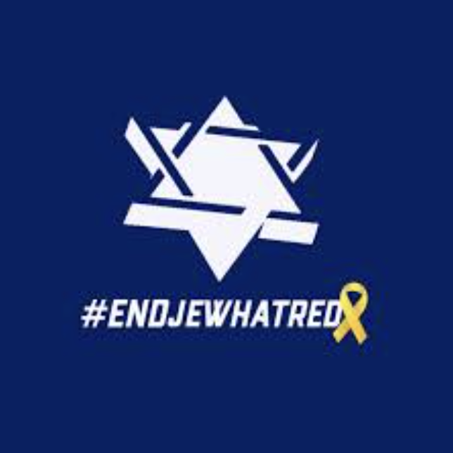A blue background with a white geometric Star of David symbol and yellow awareness ribbon. Text reads '#ENDJEWWHATRED'.