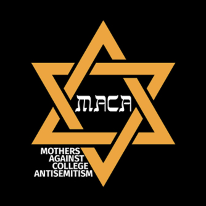 Orange Star of David with the text "Mothers Against College Antisemitism" and the acronym "MACA" in the center on a black background.