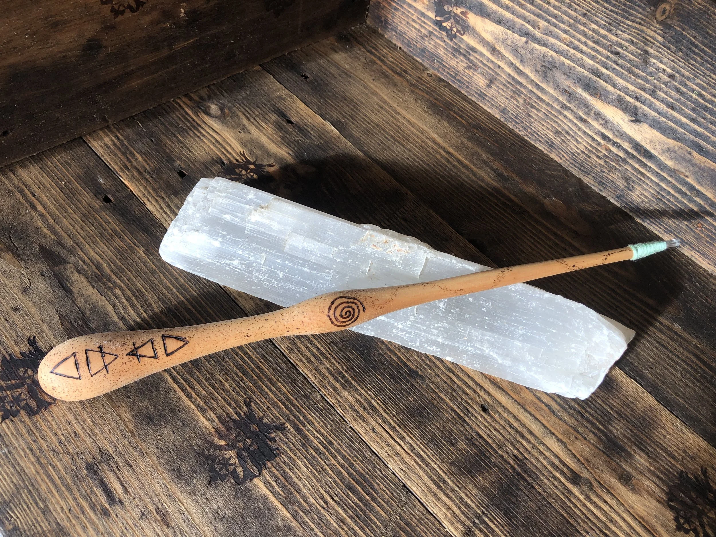 Hawthorn, adorned with a clear quartz tip and beautiful spiral.