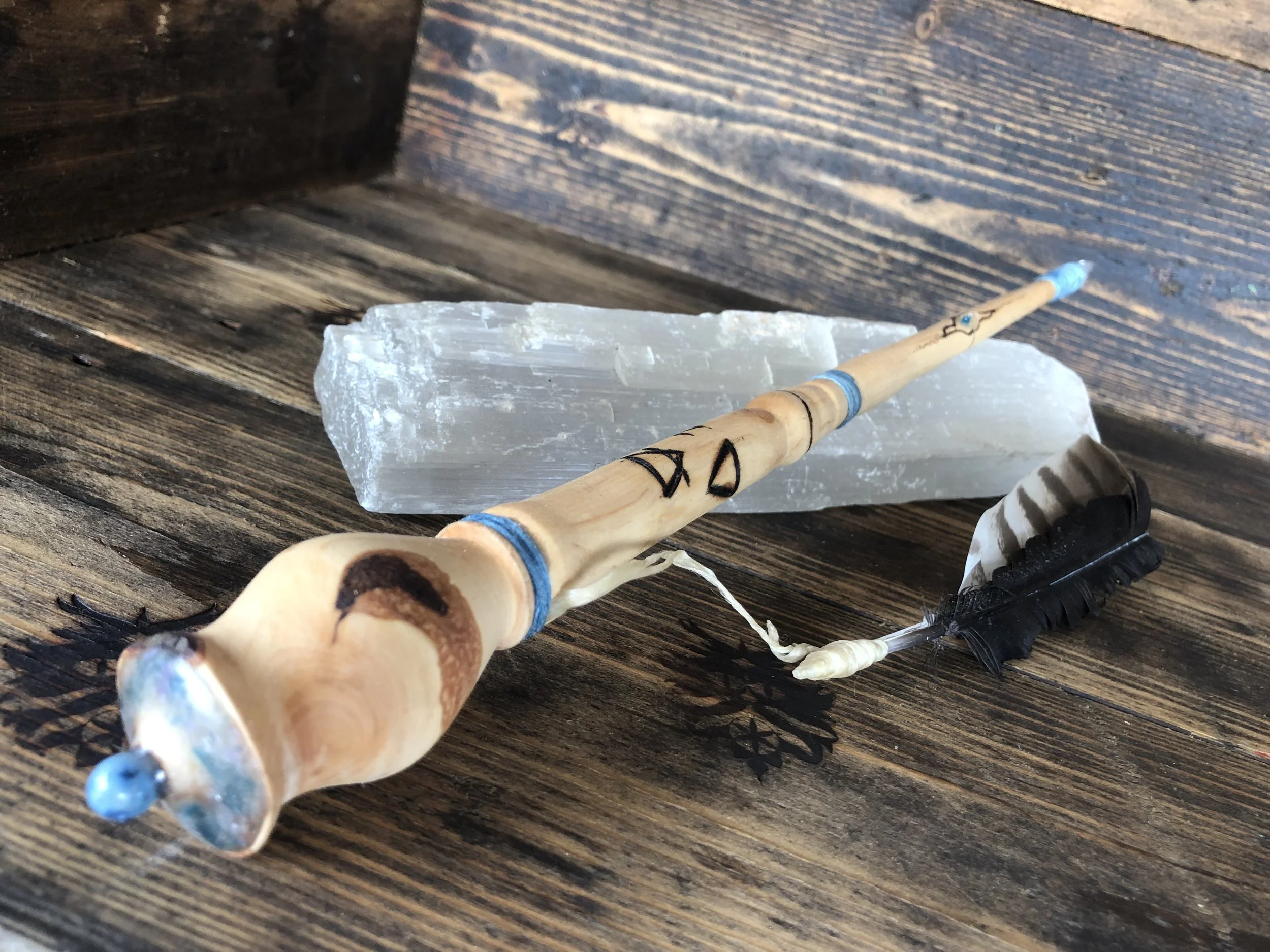 Hawthorn, adorned with apatite, true selenite, lapis and a clear quartz tip.