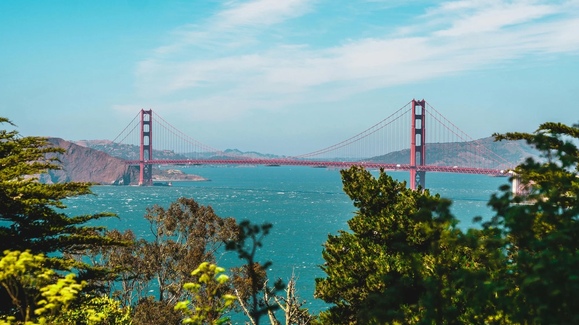 View of the Golden Gate Bridge in San Francisco with blue sky, water, and trees in the foreground.