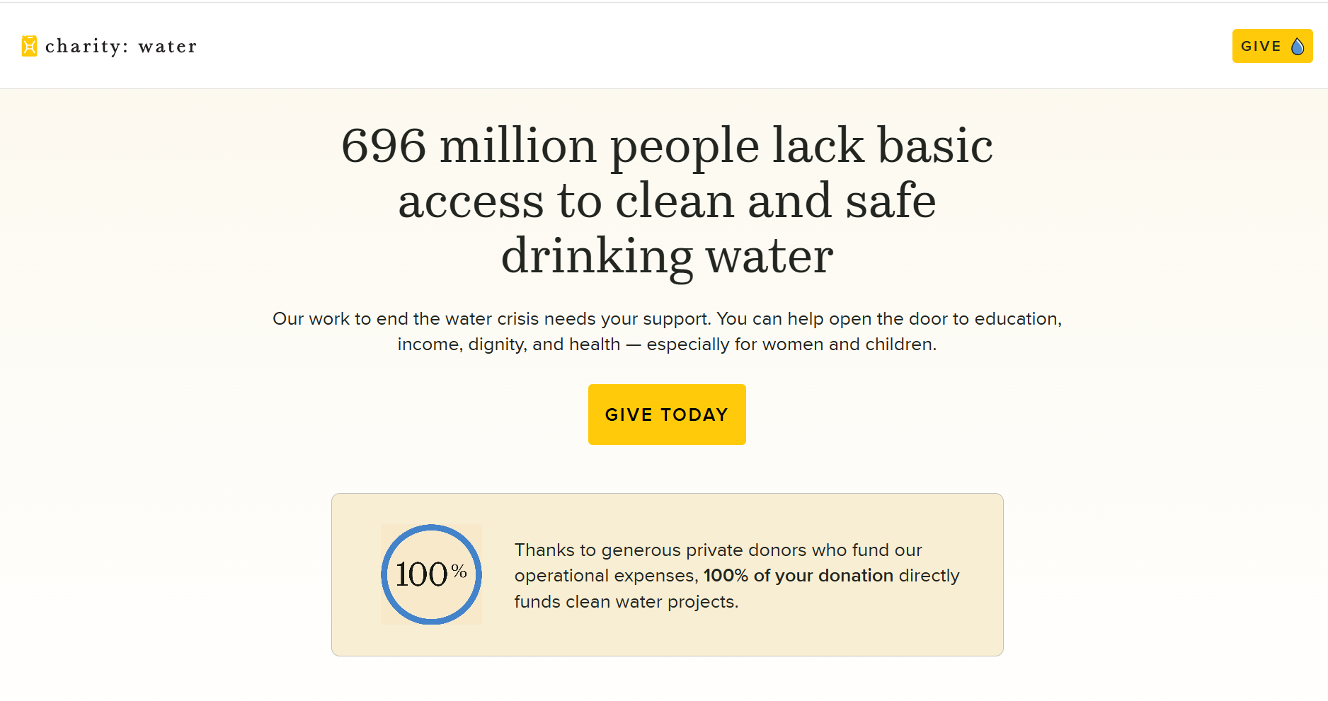 Charity Water_Home Page_100 percent of donatins_4-6-2026.png