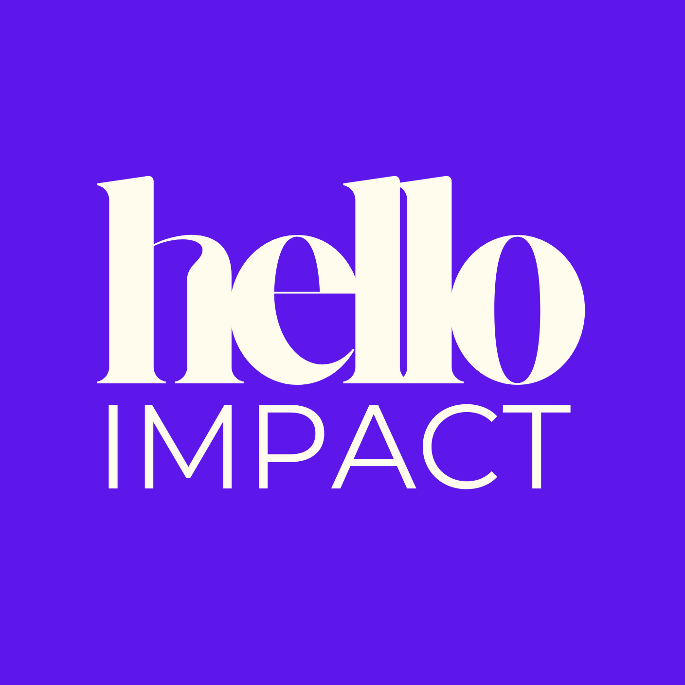 Logo with the words 'hello impact' in stylized white text on a purple background.