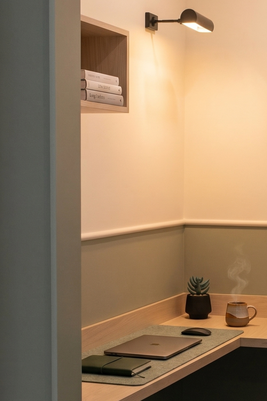 A cozy workspace with a wooden desk, a closed laptop, a notebook, and a mouse. There is a steaming mug and a small potted plant. A wall-mounted light illuminates the area, and a shelf with books is visible in the background.
